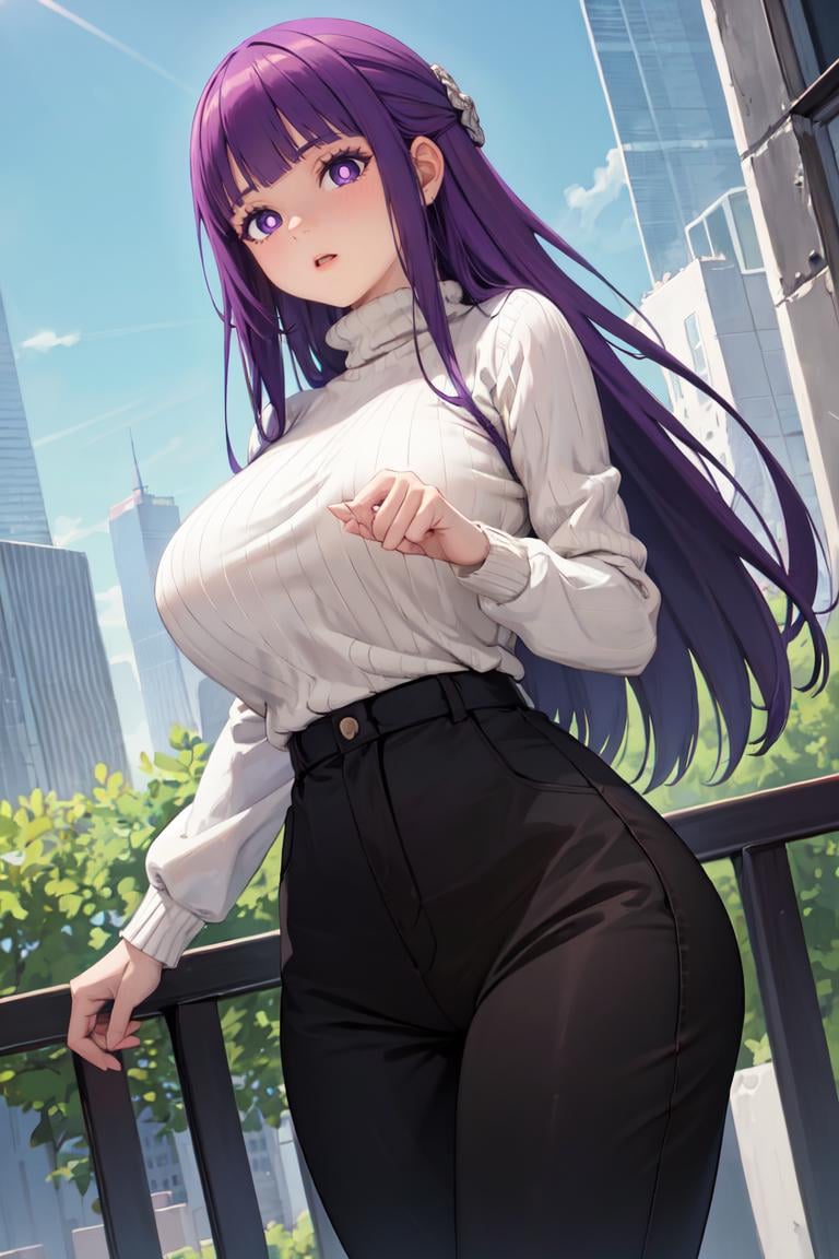 masterpiece, best quality, absurdres, perfect anatomy, 1girl, solo, FernFrieren, very long hair, purple eyes, (purple pupils), sweater, ribbed sweater, long sleeves, high-waist pants, outdoors, city, large breasts, <lora:CHAR-Fern:1>