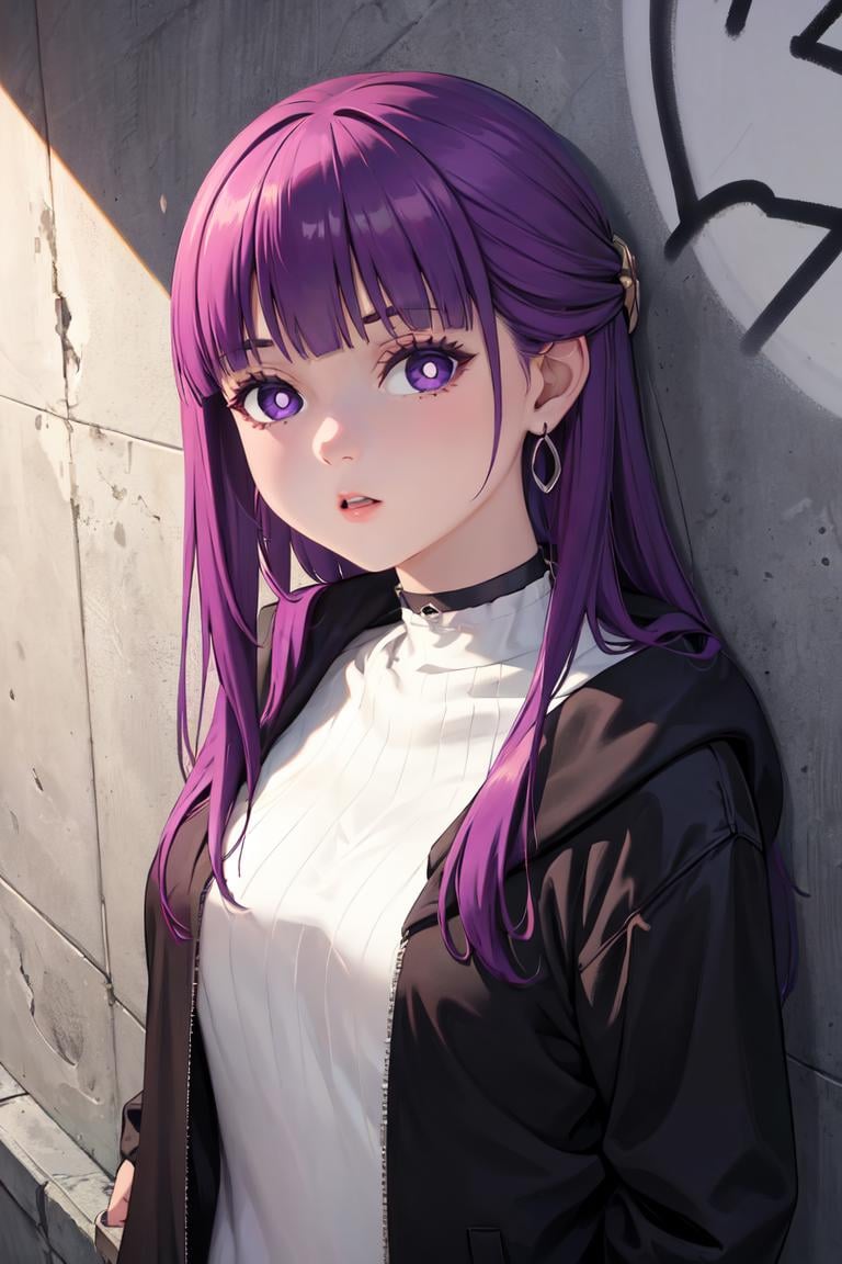 masterpiece, best quality, absurdres, perfect anatomy, 1girl, solo, FernFrieren, very long hair, purple eyes, (purple pupils), earrings, sharp eyes, choker, neon shirt, open jacket, turtleneck sweater, night, against wall, brick wall, graffiti, dim lighting, alley, looking at viewer, upper body, portrait, <lora:CHAR-Fern:1>