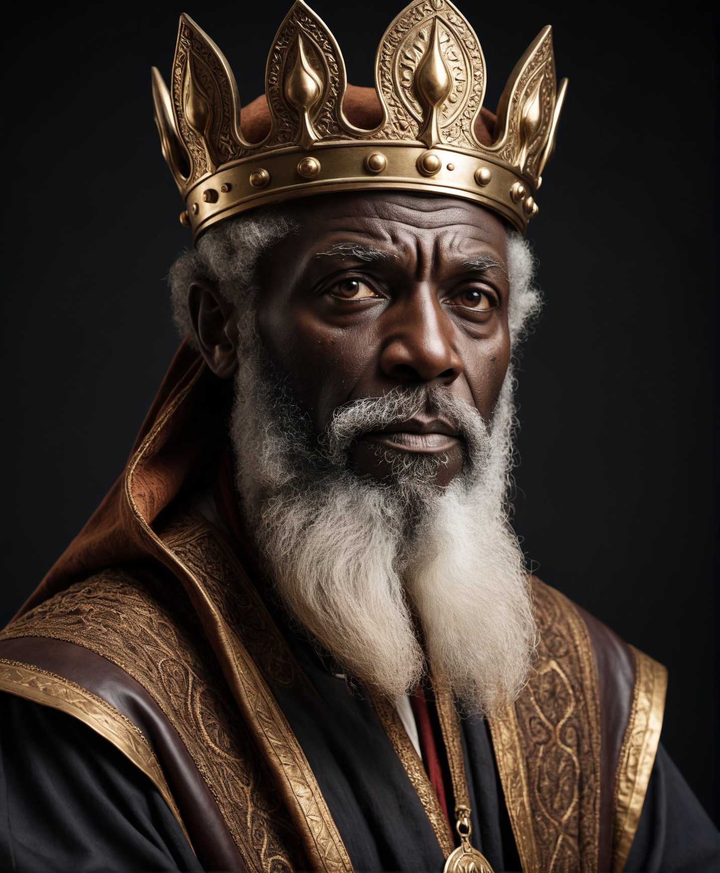 (Cinematic Photo:1.3) of (Ultra detailed:1.3)  a man, dark choco skin, realistic photo, old, wise, hair and abundant beard. dressed like king's court people, looking like a Mage, a wiseman. front facing