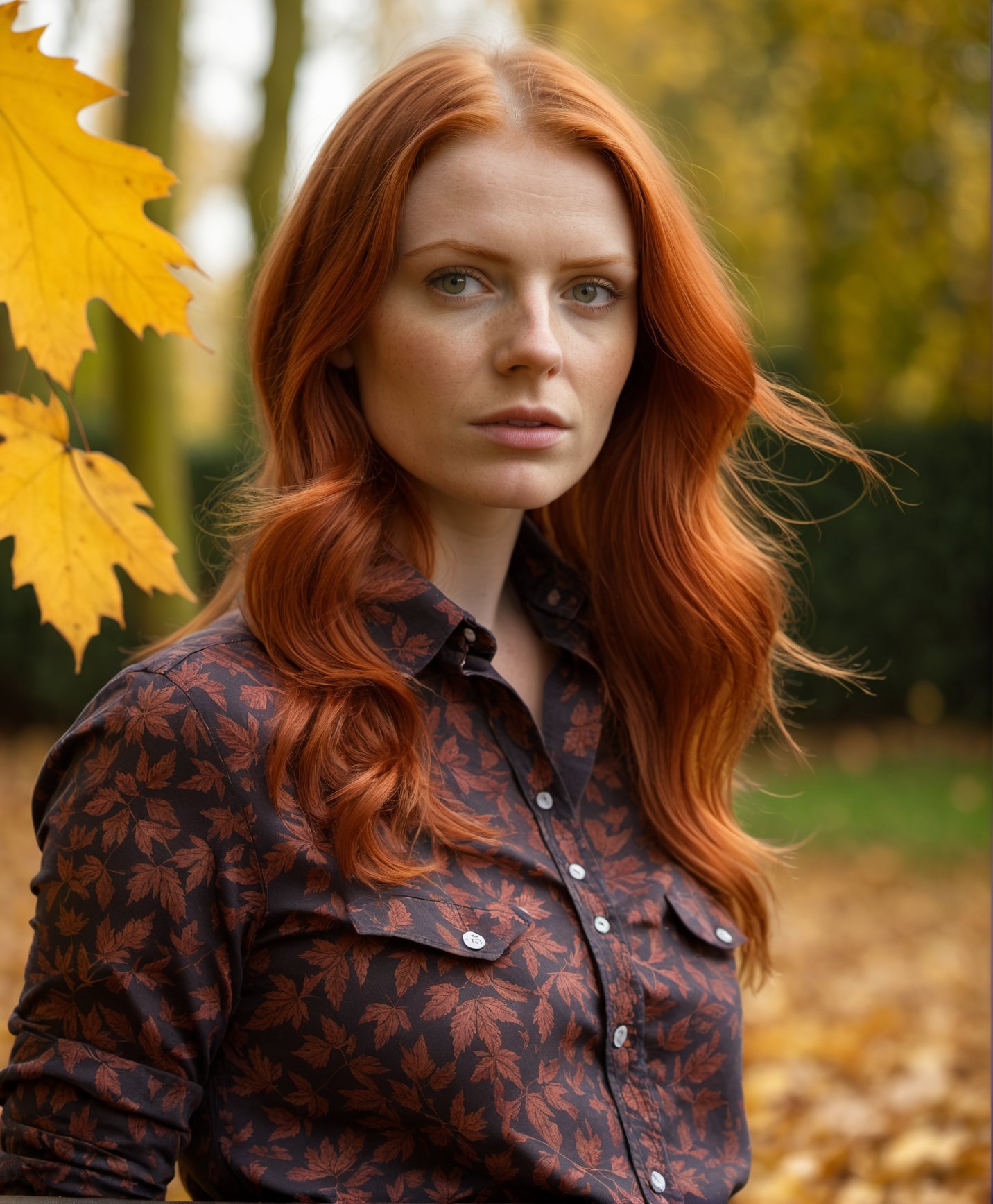 (Cinematic Photo:1.3) of (Ultra detailed:1.3)  A red haired British woman wearing collared shirt  autumn , fallin red leafs 