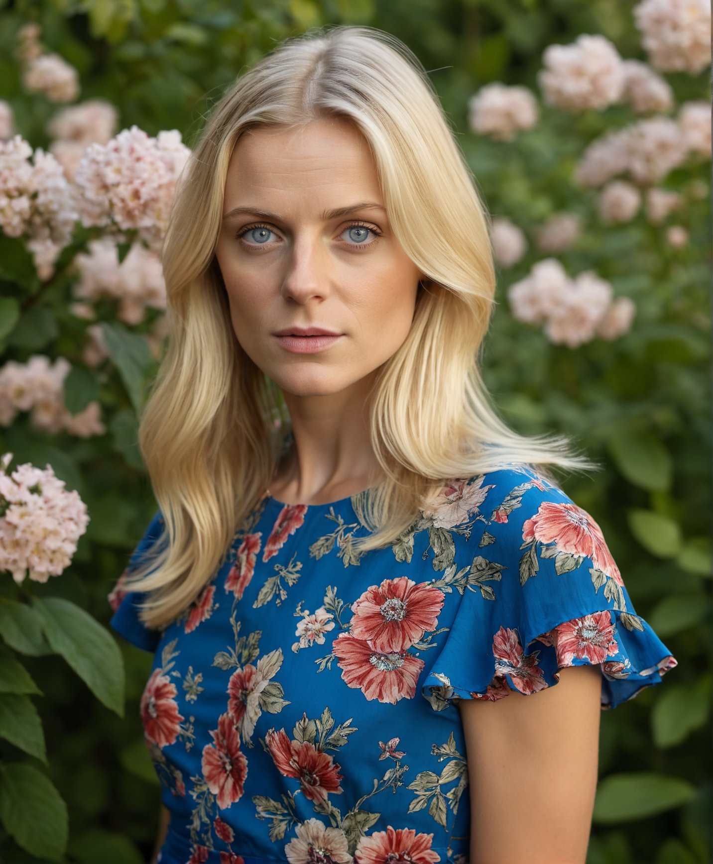 (Cinematic Photo:1.3) of (Ultra detailed:1.3) 35 year old blonde European woman with blue eyes, wearing floral dress