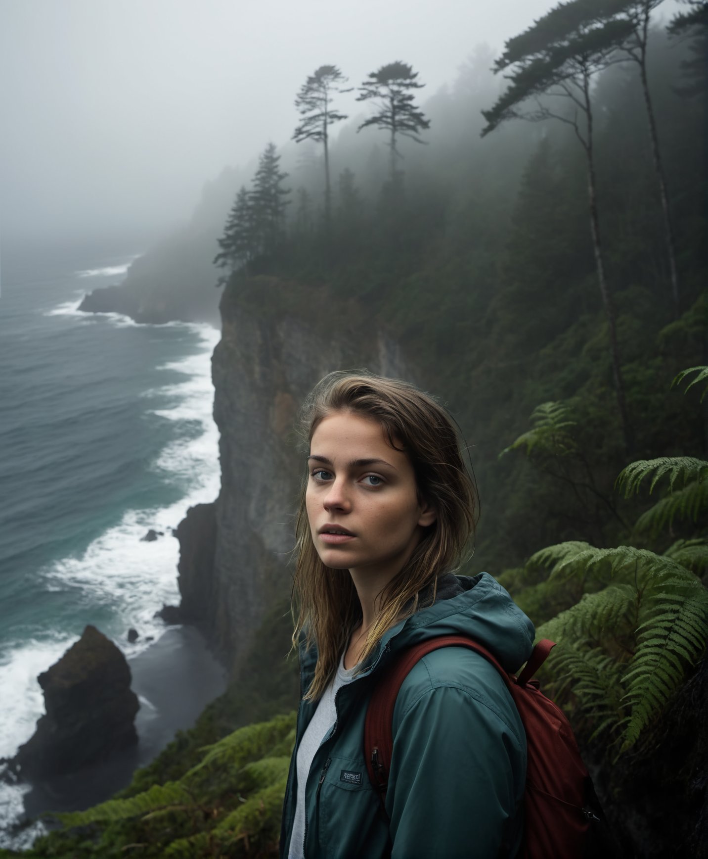 (Cinematic Photo:1.3) of (Ultra detailed:1.3) Young adult on cliff front side raining ocean at bottom of cliff dark foggy forest background, mythical view of girls face with forest behind her