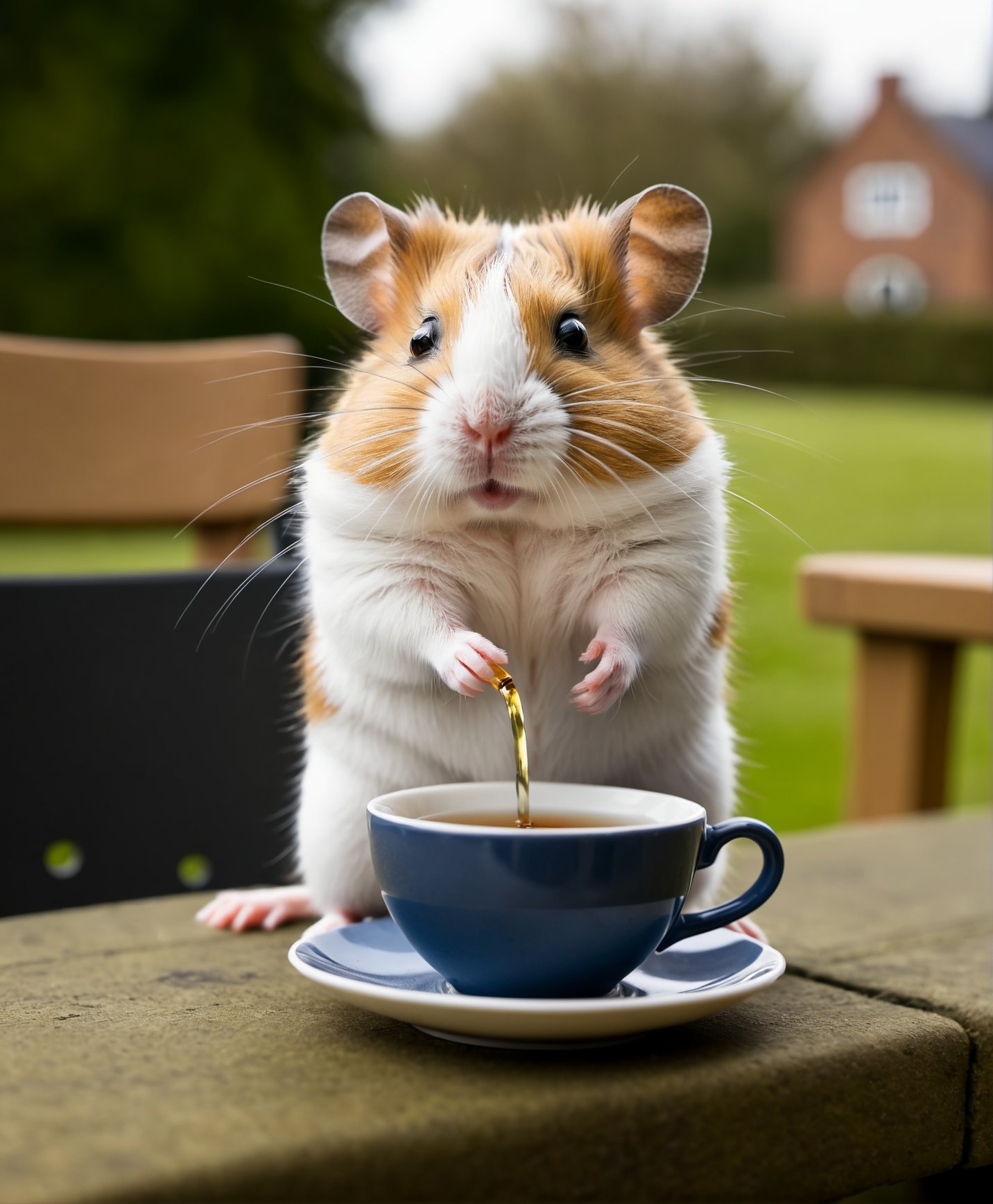 (Cinematic Photo:1.3) of (Ultra detailed:1.3) a hamster 4drinking tea in England