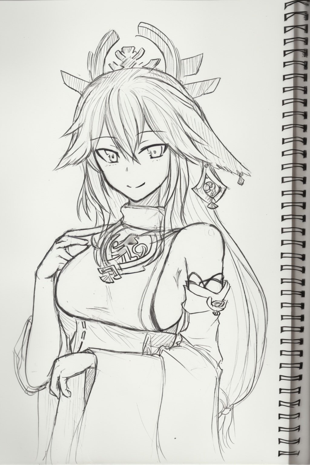 <lora:style18-v2:1>,sketch, greyscale, monochrome, traditional media, <<lora:yaemiko:1>,1girl,yae miko,long hair,fox ears, hair ornament, earrings, eyes,bare shoulders, detached sleeves,wide sleeves, jewelry,sideboob,japanese clothes,smile,