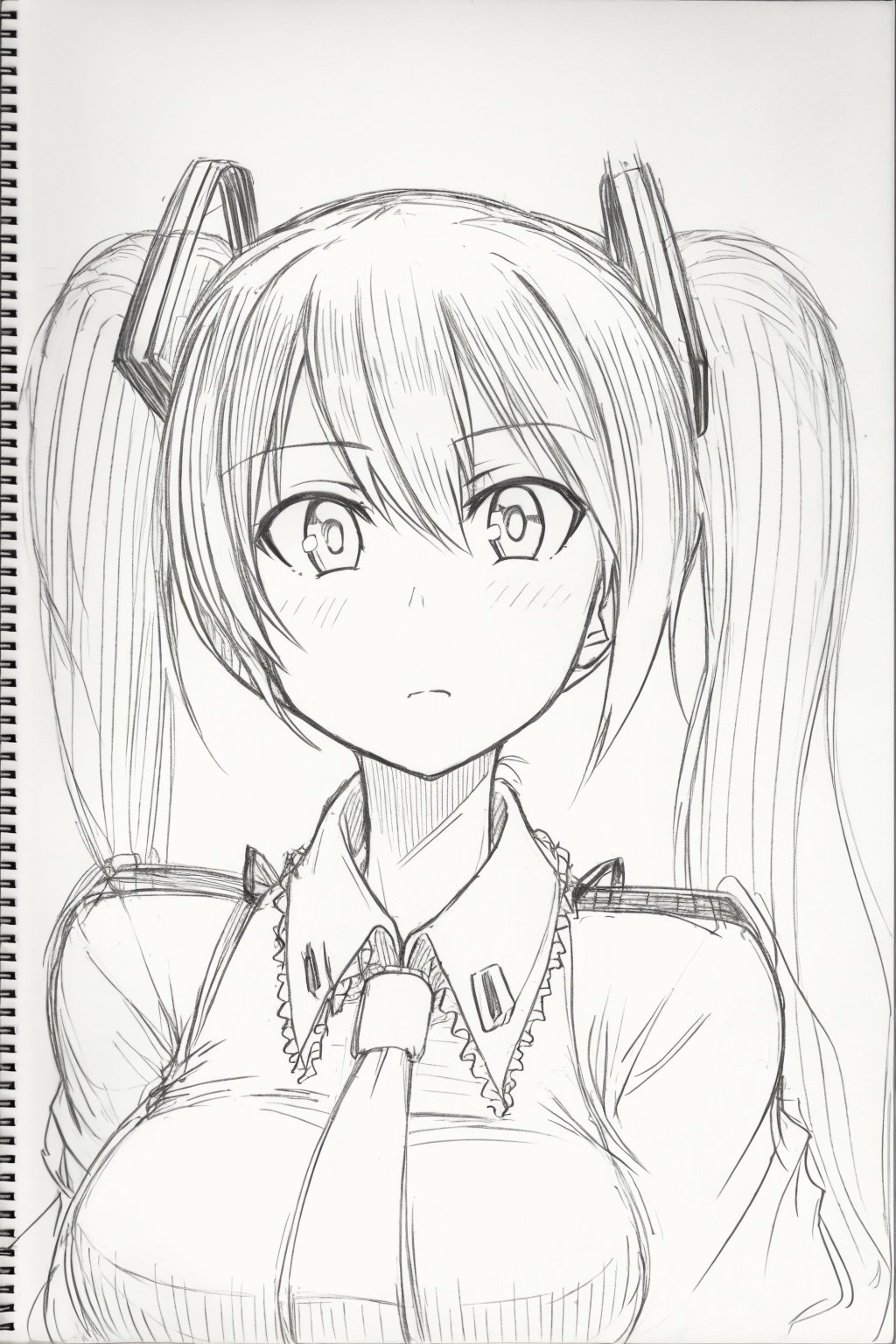 <lora:style18-v2:1>,sketch, monochrome, greyscale, traditional media, 1girl,hatsune miku, long hair,twintails, headgear, 