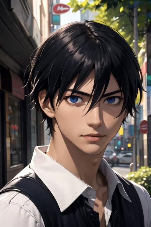 masterpiece, best quality, , 1boy, solo, male focus, looking at viewer, upper body, depth of field, anime coloring, , <lora:hei_darker_than_black:0.70>, hei_darker_than_black, black hair, blue eyes, , First contact,