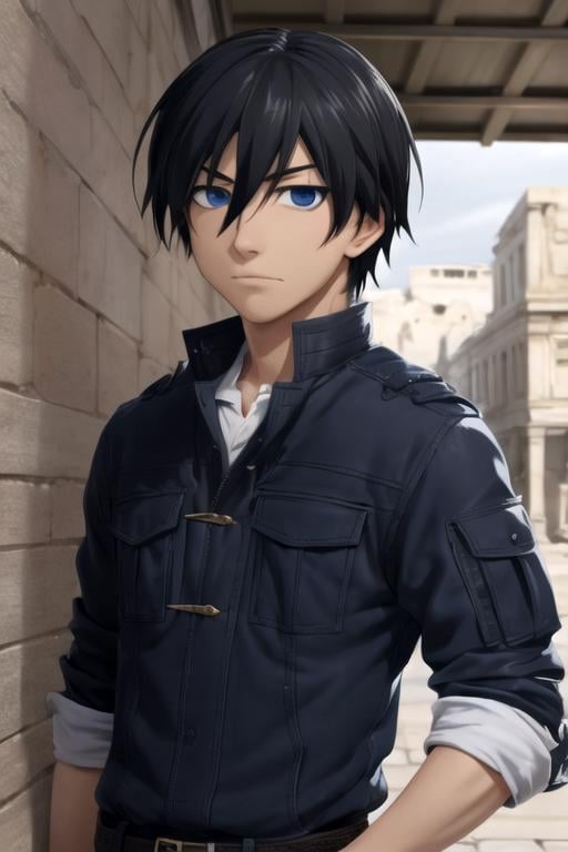 masterpiece, best quality, wallpaper, 1boy, solo, male focus, looking at viewer, upper body, depth of field, anime coloring, , <lora:hei_darker_than_black:0.74>, hei_darker_than_black, black hair, blue eyes, cargo pants, , ancient greece,