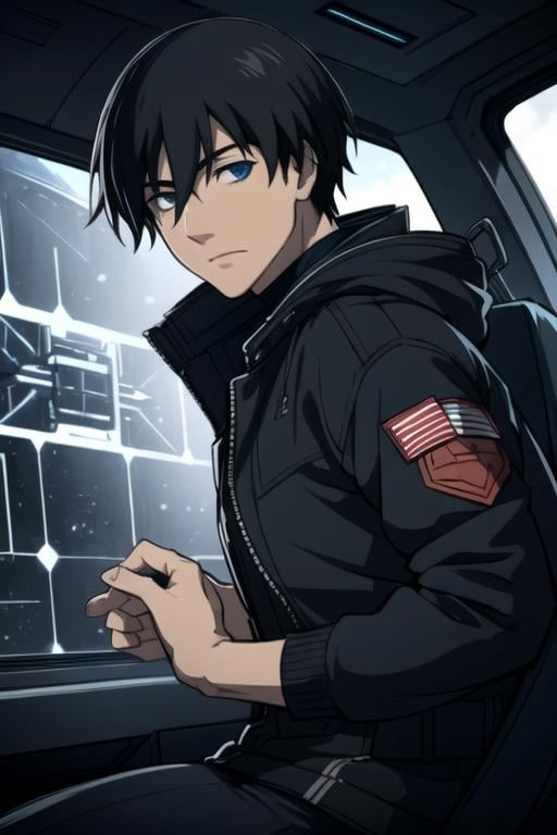 masterpiece, best quality, sketch, 1boy, solo, male focus, looking at viewer, , depth of field, , , <lora:hei_darker_than_black:0.76>, hei_darker_than_black, black hair, blue eyes, bomber jacket, , Organic spaceships (living ships)- Vessels with pulsating veins, organic growths, and symbiotic architecture.,