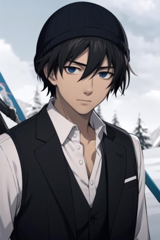 masterpiece, best quality, sketch, 1boy, solo, male focus, looking at viewer, upper body, depth of field, anime coloring, , <lora:hei_darker_than_black:0.72>, hei_darker_than_black, black hair, blue eyes, suit vest, ski hat, biopunk,