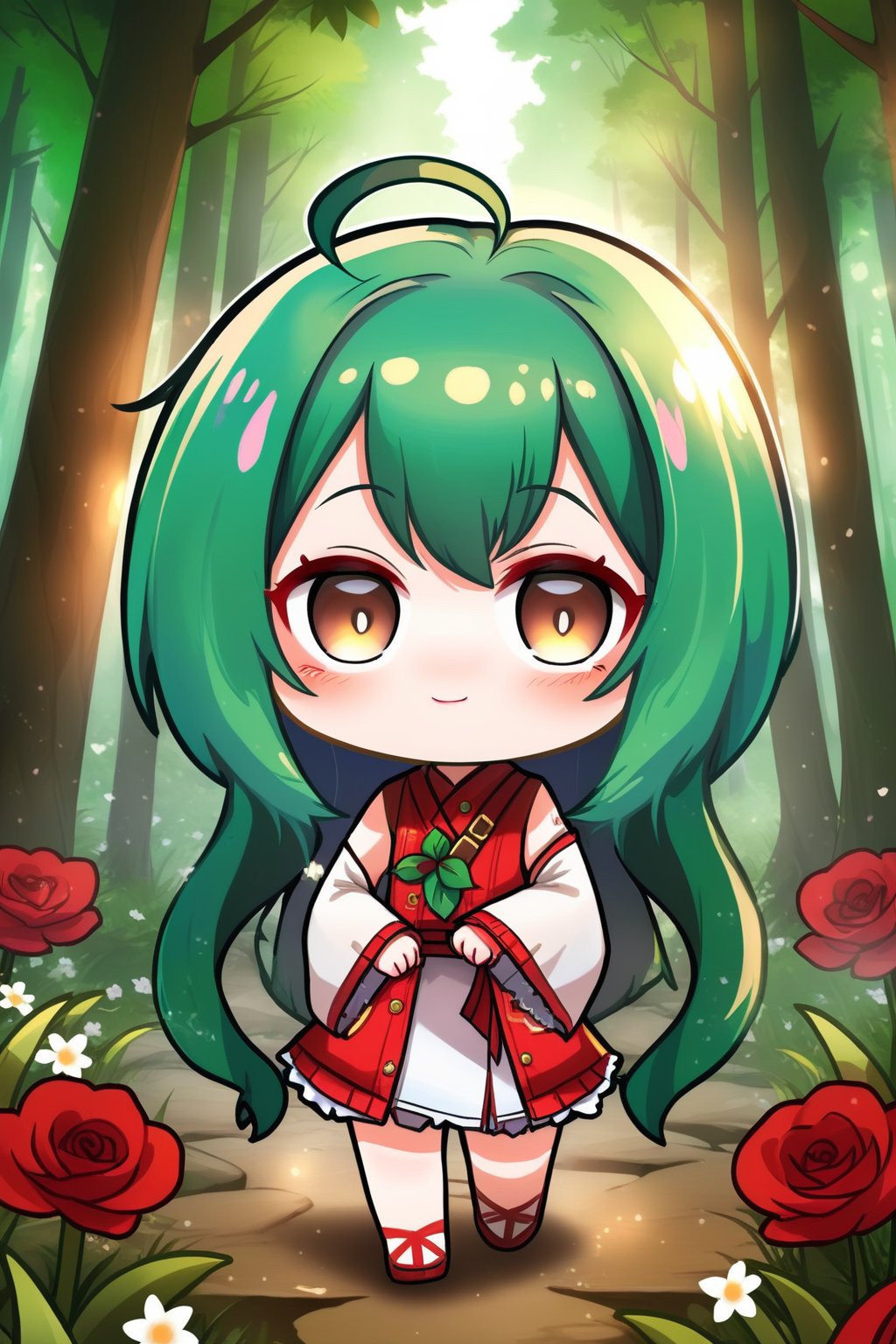 masterpiece, best quality, 1girl, flowers, forest, ,chibi