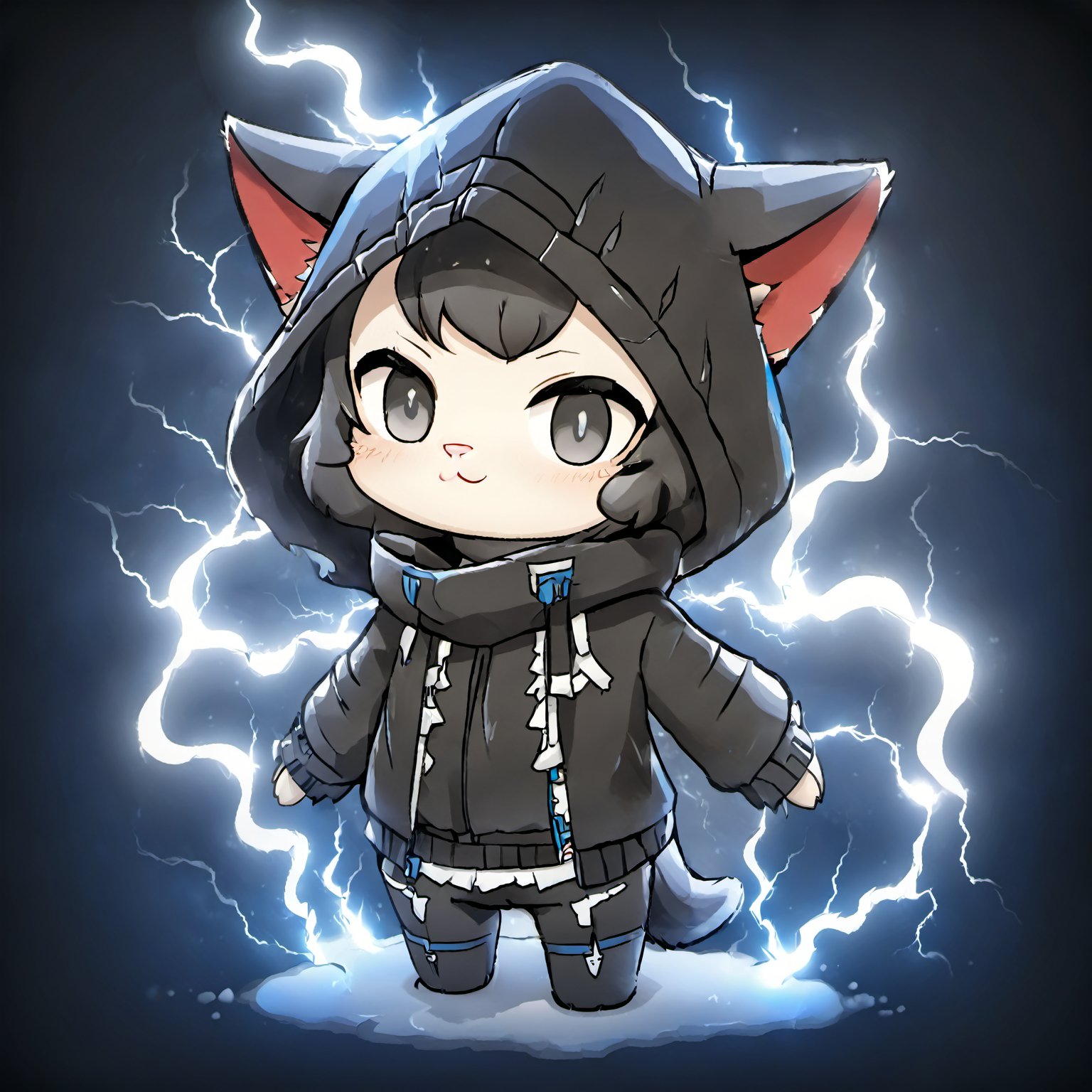 assassin creed, a cat, winter_clothes, black clothe, hoodie on head, high_resolution, high detail, perfect body,Monster,Xxmix_Catecat,composed of elements of thunder,thunder,electricity,chibi