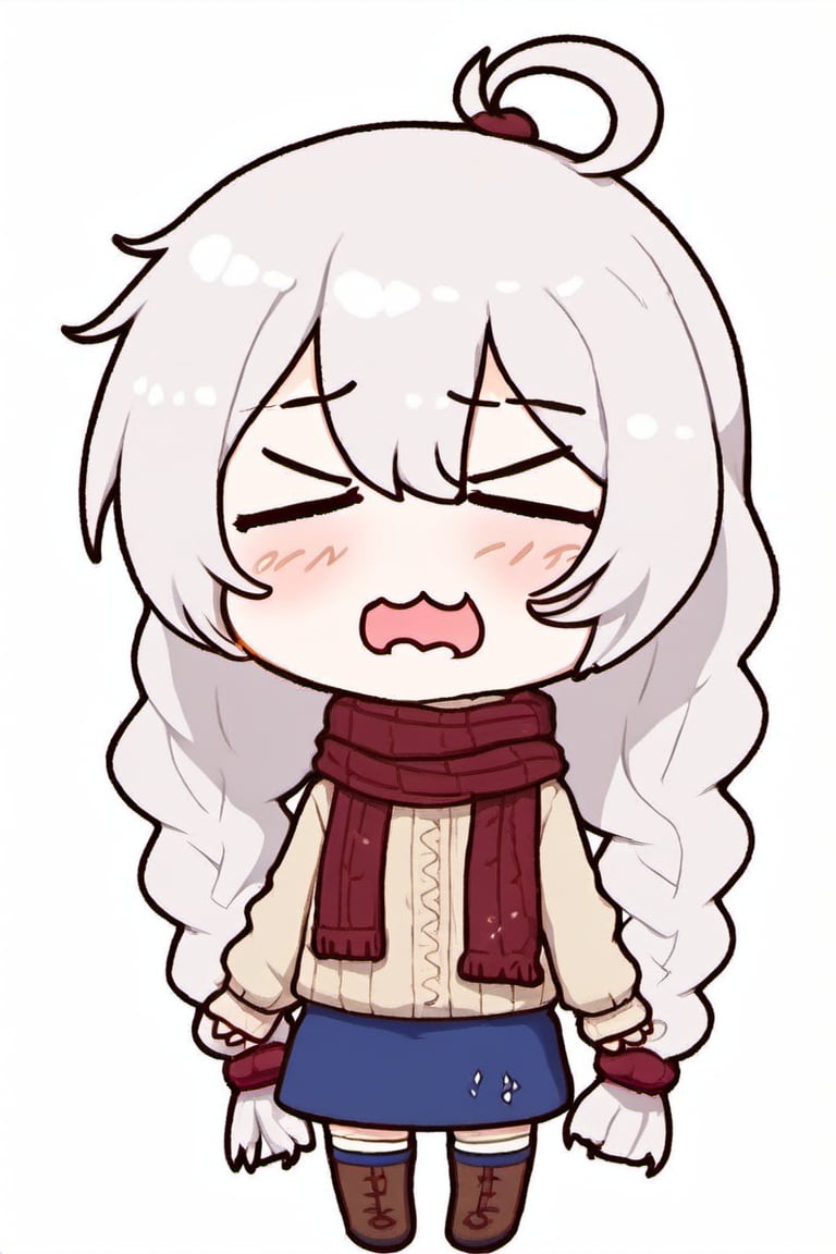 1girl, solo, long hair, open mouth, bangs, skirt, simple background, hair ornament, long sleeves, white background, hair between eyes, full body, closed eyes, braid, ahoge, white hair, pantyhose, boots, tears, chibi, scarf, twin braids, sweater, blue skirt, brown footwear, wavy mouth, crying, >_<, kiana kaslana
