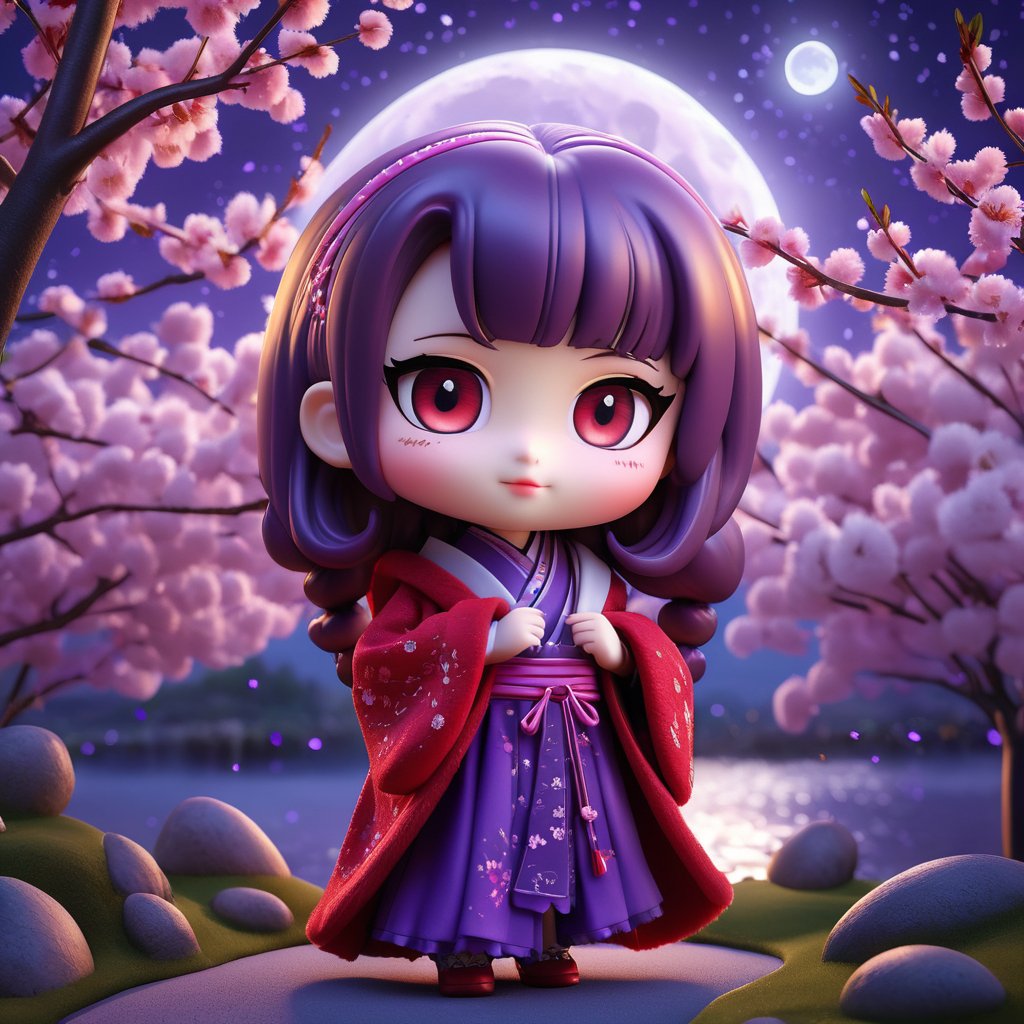 (best quality, 8K, ultra-detailed, masterpiece), (ultra-realistic, photorealistic), A mesmerizing scene featuring a lone girl with enchanting purple eyes, standing against a serene night background. The moon illuminates the surroundings, casting a soft glow on the cherry blossoms in full bloom. The girl is adorned in red fluffy clothes, creating a striking and dreamlike composition. chibi