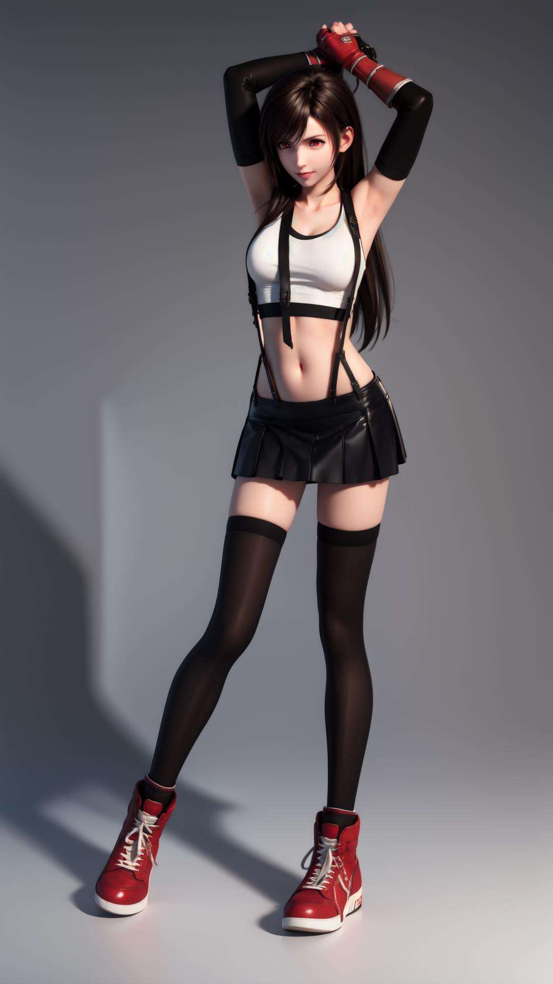 best quality,masterpiece,realistic,3D graphics,1girl,tifa lockhart,solo,thighhighs,skirt,suspenders,long hair,crop top,gloves,red footwear,suspender skirt,black thighhighs,fingerless gloves,full body,tank top,black skirt,midriff,navel,elbow gloves,boots,black hair,white tank top,clenched hands,brown eyes,brown hair,full body,red eyes,<lora:MIAOKA_tifa:0.8>,arms up,