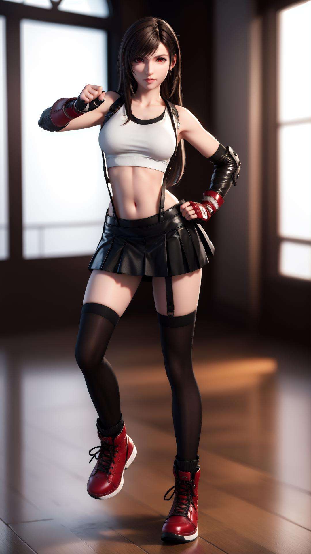 best quality,masterpiece,realistic,3D graphics,1girl,tifa lockhart,solo,thighhighs,skirt,suspenders,long hair,crop top,gloves,red footwear,suspender skirt,black thighhighs,fingerless gloves,full body,tank top,black skirt,midriff,navel,elbow gloves,boots,black hair,white tank top,clenched hands,brown eyes,fighting stance,brown hair,full body,red eyes,<lora:MIAOKA_tifa:0.8>,