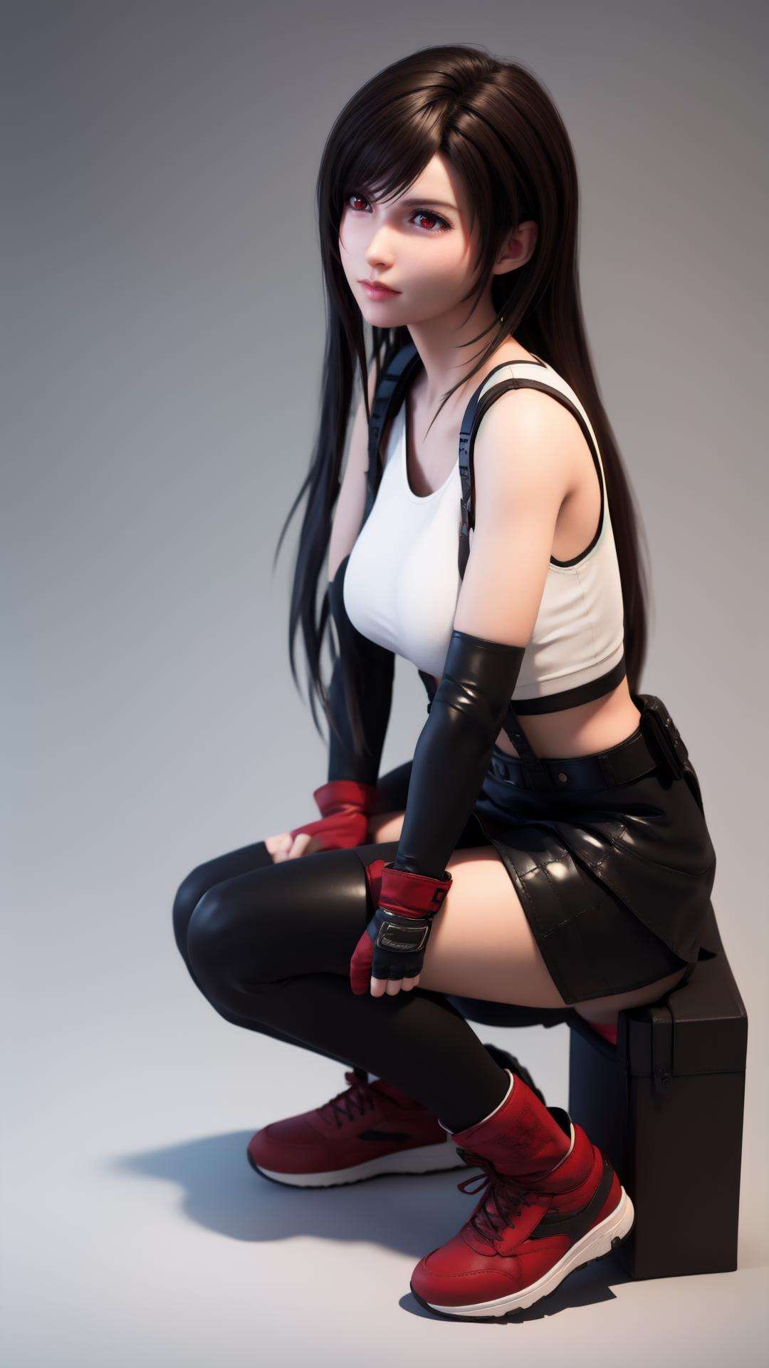 best quality,masterpiece,realistic,3D graphics,1girl,tifa lockhart,solo,thighhighs,skirt,suspenders,long hair,crop top,gloves,red footwear,suspender skirt,black thighhighs,fingerless gloves,full body,tank top,black skirt,midriff,navel,elbow gloves,boots,black hair,white tank top,clenched hands,brown eyes,brown hair,full body,red eyes,<lora:MIAOKA_tifa:0.8>,figure four sitting,