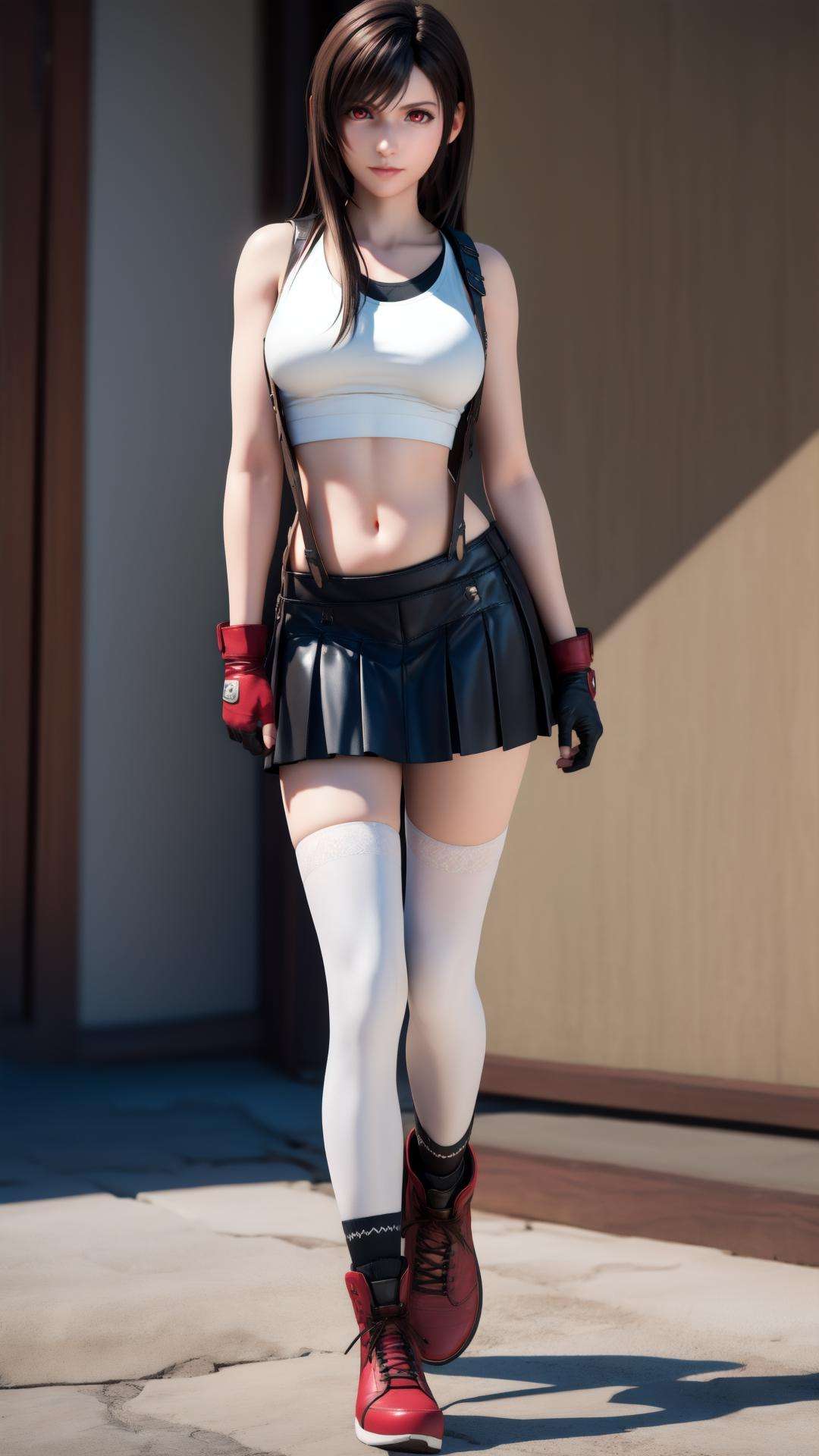 best quality,masterpiece,realistic,3D graphics,1girl,tifa lockhart,solo,thighhighs,skirt,suspenders,long hair,crop top,gloves,red footwear,suspender skirt,black thighhighs,fingerless gloves,full body,tank top,black skirt,midriff,navel,elbow gloves,boots,black hair,white tank top,clenched hands,brown eyes,brown hair,full body,red eyes,<lora:MIAOKA_tifa:0.8>,kamina pose,