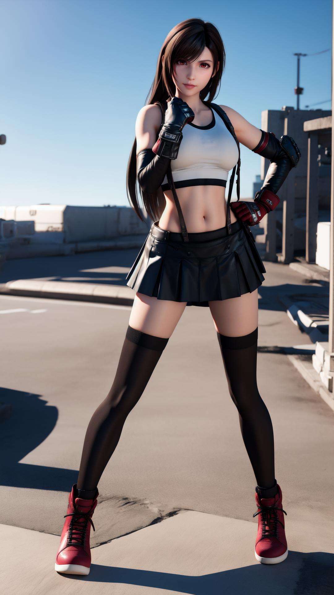 best quality,masterpiece,realistic,3D graphics,1girl,tifa lockhart,solo,thighhighs,skirt,suspenders,long hair,crop top,gloves,red footwear,suspender skirt,black thighhighs,fingerless gloves,full body,tank top,black skirt,midriff,navel,elbow gloves,boots,black hair,white tank top,clenched hands,brown eyes,fighting stance,brown hair,full body,red eyes,<lora:MIAOKA_tifa:0.8>,