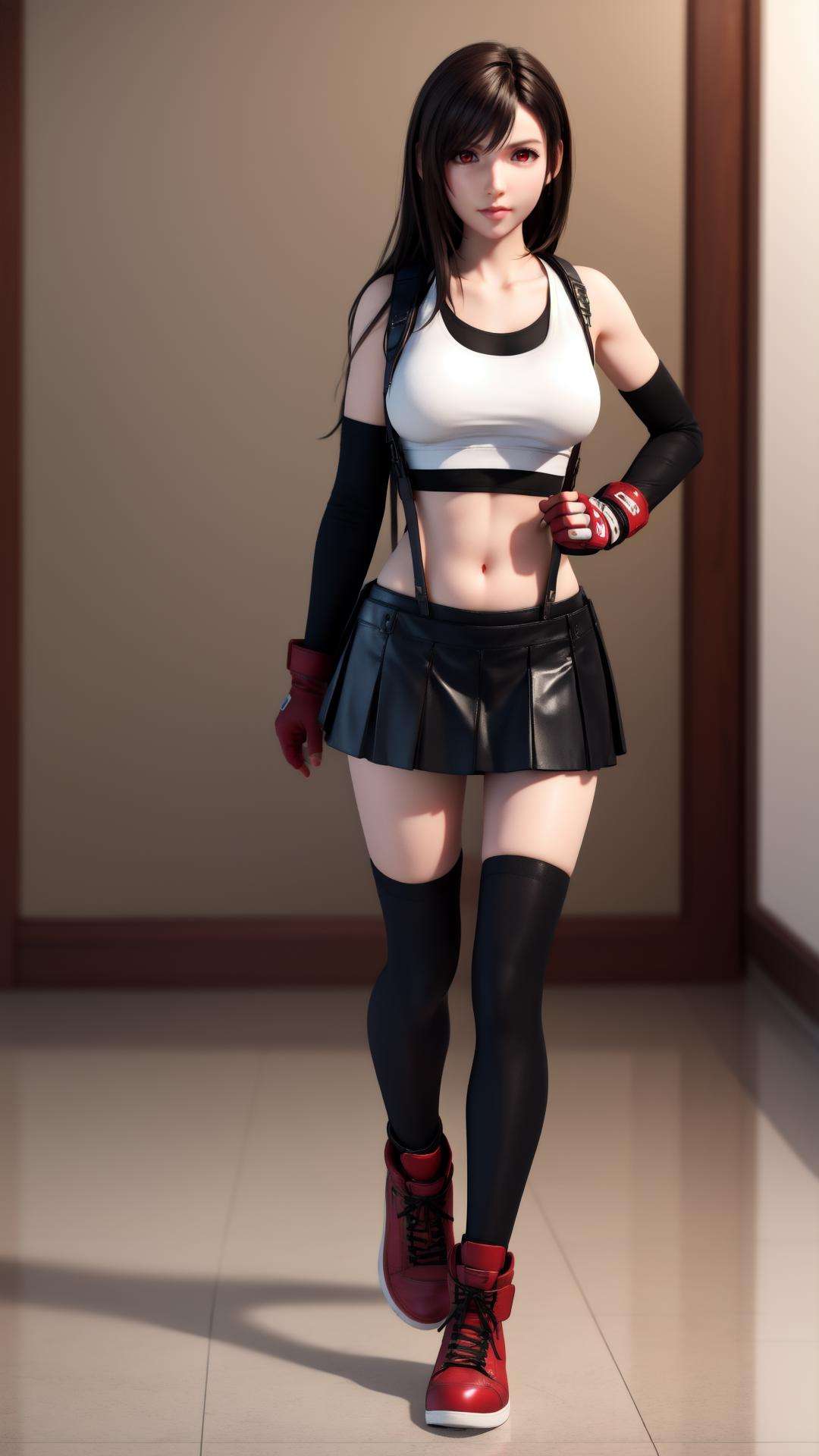 best quality,masterpiece,realistic,3D graphics,1girl,tifa lockhart,solo,thighhighs,skirt,suspenders,long hair,crop top,gloves,red footwear,suspender skirt,black thighhighs,fingerless gloves,full body,tank top,black skirt,midriff,navel,elbow gloves,boots,black hair,white tank top,clenched hands,brown eyes,brown hair,full body,red eyes,<lora:MIAOKA_tifa:0.8>,heart tail duo,