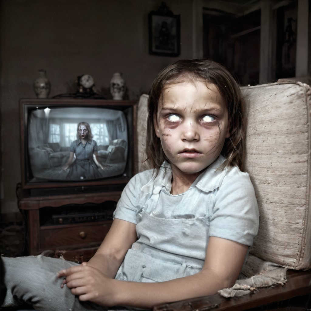 ((photorealistic)), Professional photo of a (Girl with ascreen full of static on a television), Living room, Three-dimensional effect (Ultra-realistic), (highly detailed environment), disturbing atmosphere, horror, perfect lighting, (vintage style), (horror style), Movie Still,whiteeyes