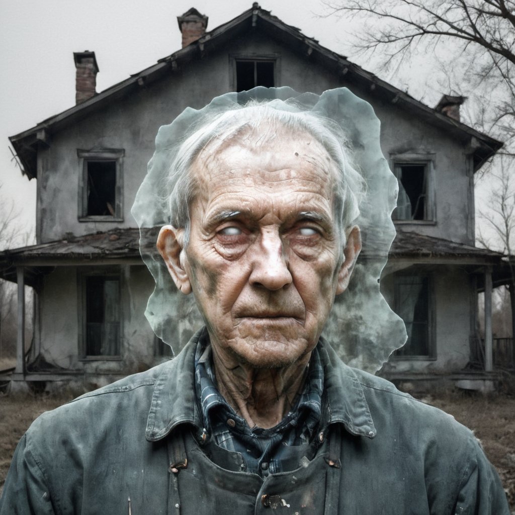 Double Exposure Style, abandoned house, old man's face, double image ghost effect, image combination, double exposure style,