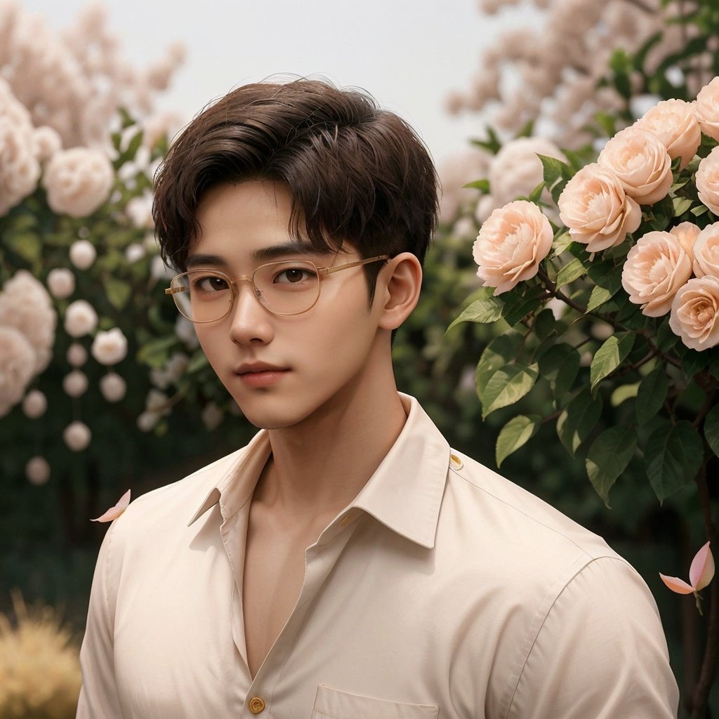 masterpiece,1 Man,Handsome,Look at me,Brown eyes,Short hair,Oil head,White shirt,Gold rimmed glasses,22 years old,Outdoor,Garden,Peach tree,Flying petals,textured skin,super detail,best quality,<lora:ManDick1.5_V1-000005:0.3>,