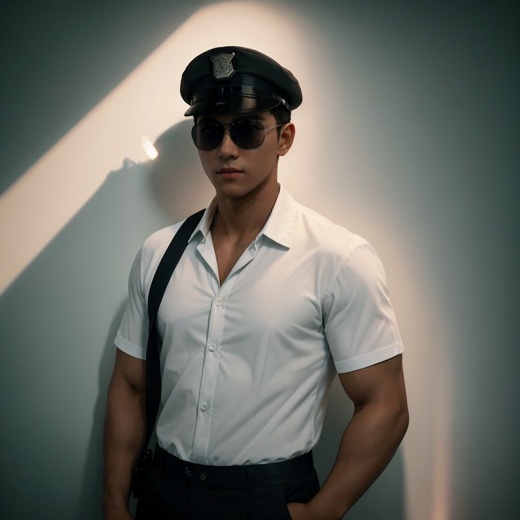 masterpiece,1 Man,Look at me,Muscular development,An open shirt,Black sunglasses,Police cap,Black trousers,Indoor,Pub,Neon light,Laser lights,Light and shadow,Movie-grade lighting,textured skin,super detail,best quality,<lora:ManDick1.5_V1-000005:0.5>,