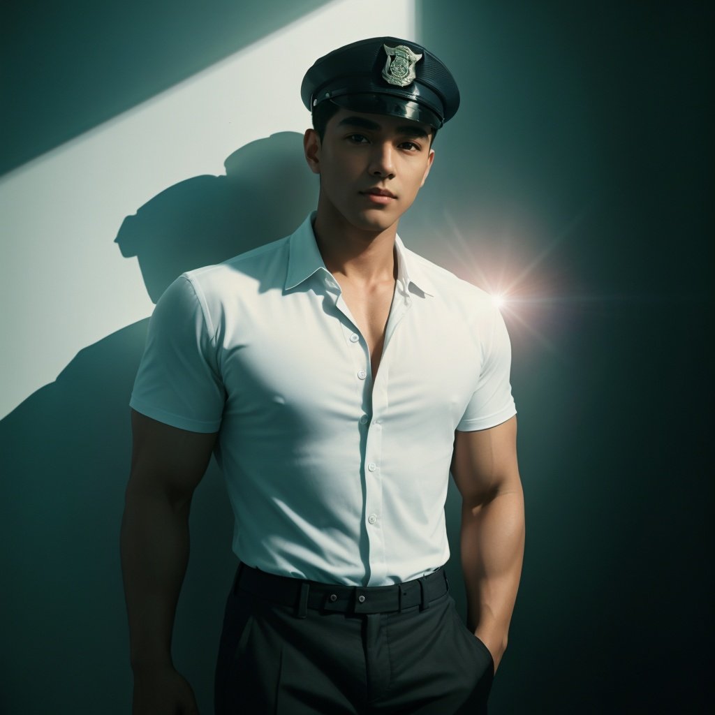 masterpiece,1 Man,Look at me,Muscular development,An open shirt,Police cap,Black trousers,Indoor,Pub,Neon light,Laser lights,Light and shadow,Movie-grade lighting,textured skin,super detail,best quality,<lora:ManDick1.5_V1-000005:0.5>,