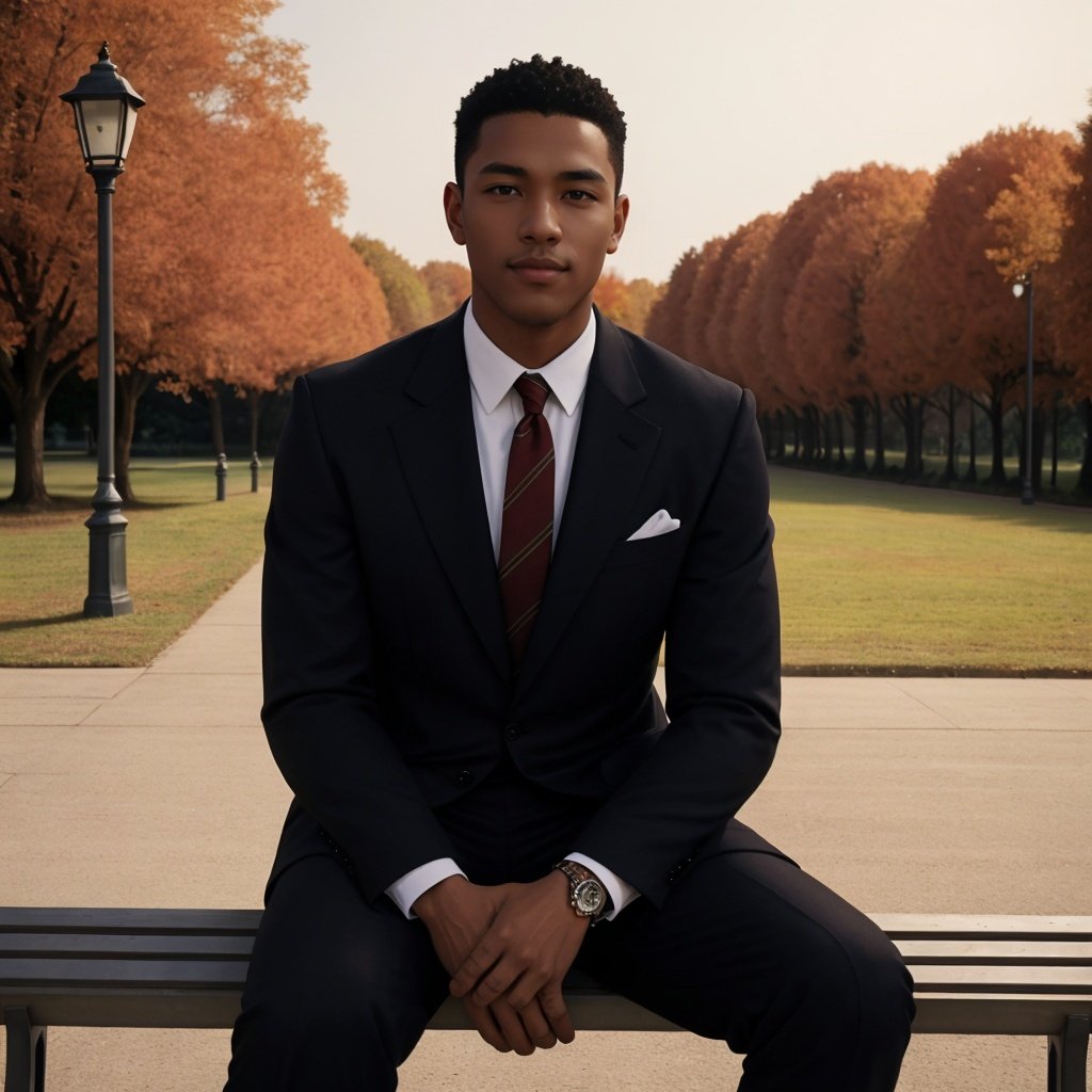 (solo), RAW Photo, photo of (light brown skin:1) African American man sc_chad3 ,enjoying jazz in a serene urban park while sitting on a park bench in the fall, wearing a three-piece suit burgundy tie leaves carpet the ground, autumn hues, vintage lamppost, soft glow, ambient lighting, early evening sun, trees, folden highlight, captivating smile, reflective and sophisticated mood, (GQ magazine), (photo by Bruce Weber)<lora:ManDick1.5_V1-000005:0.3>,