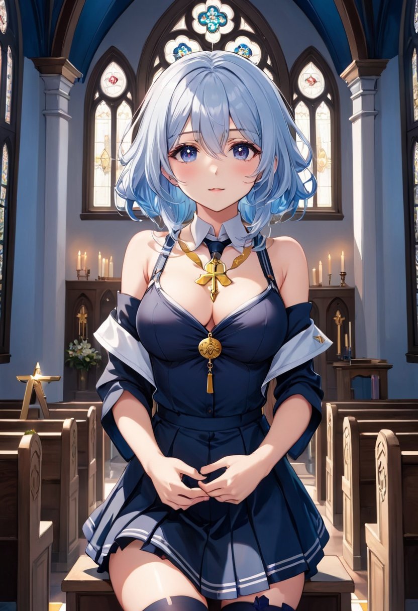 -0.5girl,solo,a beautiful girl,full body,anime style,nice,perfect,finely detailed,aesthetic,ideal,impeccable,masterful,school uniform,bare breast,bare shoulders,short skirt,black thighhighs, <lora:unaesthetic:-0.5>,in the church,open hands,looking at viewer,white hair AND blue hair,sacred,maria