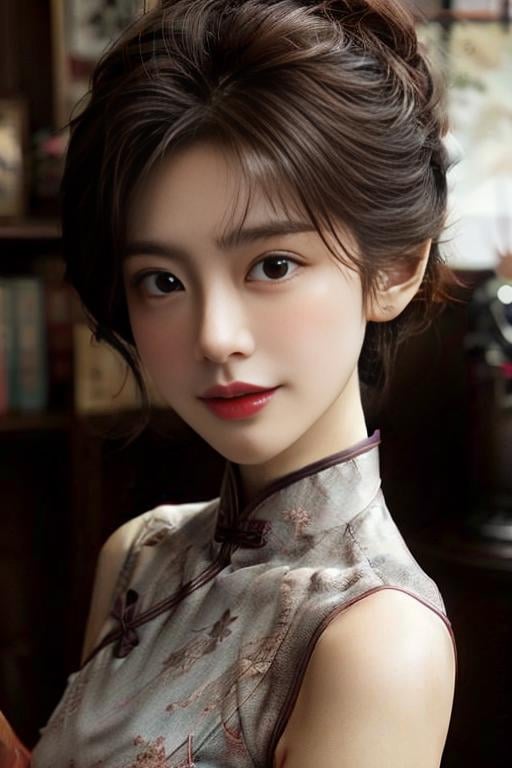 ((masterpiece)),((bestquality)),8k,high detailed,ultra-detailed,photography,award winning,documentary,Original Photo,extreme detail description,Realisticity,1girl,<lora:Zhi-Yan_V1-000006:1>,Zhi-Yan,cheongsam,(((solo))),slim,thin,adult,beautiful face,real skin texture,well-proportioned hands,thin eyebrow,random color lipstick,make up,eyeliner,eyelashes,random color nail polish,earrings,Laughing,([Color wash lighting|Followspot lighting|hard lighting|Neon lighting|Task lighting]),([Middle_Finger|Shou|public indecency|dual wielding|Praying|hair tucking|Swing|Tickling|Wrestling]),Looking At Food,<lora:add_detail:0.85>,