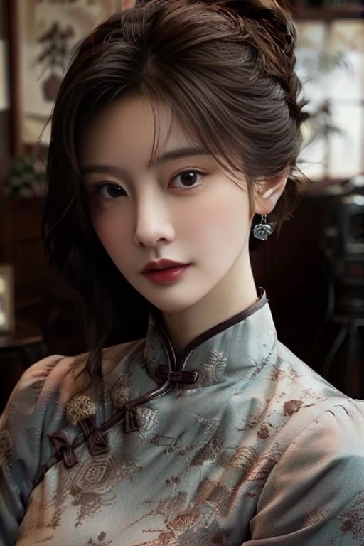 ((masterpiece)),((bestquality)),8k,high detailed,ultra-detailed,photography,award winning,documentary,Original Photo,extreme detail description,Realisticity,1girl,<lora:Zhi-Yan_V1-000006:1>,Zhi-Yan,cheongsam,(((solo))),slim,thin,adult,beautiful face,real skin texture,well-proportioned hands,thin eyebrow,random color lipstick,make up,eyeliner,eyelashes,random color nail polish,earrings,Happy,([Motif lighting|Point source lighting|cold light|Eye light|Courtroom lighting]),([glove biting|Caramelldansen|prone bone|aiming at viewer|playing instrument|flying kick|Spilling|toilet use|walking on liquid]),Looking At Viewer,<lora:add_detail:0.85>,