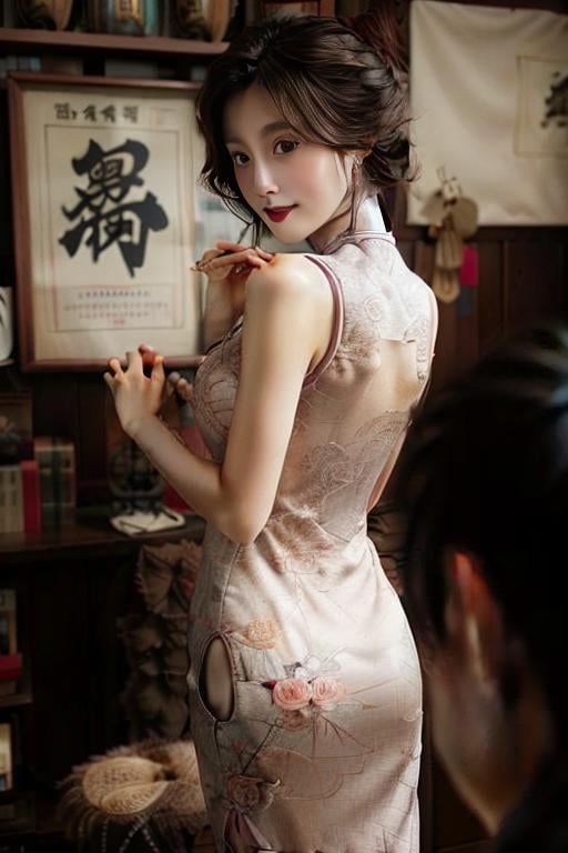 ((masterpiece)),((bestquality)),8k,high detailed,ultra-detailed,photography,award winning,documentary,Original Photo,extreme detail description,Realisticity,1girl,<lora:Zhi-Yan_V1-000006:1>,Zhi-Yan,cheongsam,(((solo))),slim,thin,adult,beautiful face,real skin texture,well-proportioned hands,thin eyebrow,random color lipstick,make up,eyeliner,eyelashes,random color nail polish,earrings,Kind Smile,([Cyc lighting|Fresco lighting|fluorescent lighting|Silhouette lighting|Accent lighting]),([gill support|v arms|in container|drawing bow|Licking|hair tucking|standing on one leg|Thinking|Writing]),Looking Back,<lora:add_detail:0.85>,