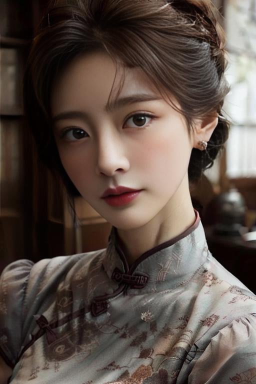 ((masterpiece)),((bestquality)),8k,high detailed,ultra-detailed,photography,award winning,documentary,Original Photo,extreme detail description,Realisticity,1girl,<lora:Zhi-Yan_V1-000006:1>,Zhi-Yan,cheongsam,(((solo))),slim,thin,adult,beautiful face,real skin texture,well-proportioned hands,thin eyebrow,random color lipstick,make up,eyeliner,eyelashes,random color nail polish,earrings,Happy Tears,([Accent lighting|Blade lighting|Crepuscular Ray|Zoom lighting|Emergency lighting]),([kissing forehead|arm held back|Presenting|Climbing|Reading|Fleeing|standing on liquid|toilet use|Whispering]),Looking At Viewer,<lora:add_detail:0.85>,