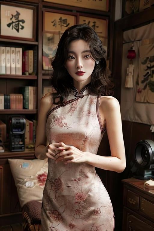 ((masterpiece)),((bestquality)),8k,high detailed,ultra-detailed,photography,award winning,documentary,Original Photo,extreme detail description,Realisticity,1girl,<lora:Zhi-Yan_V1-000006:1>,Zhi-Yan,cheongsam,(((solo))),slim,thin,adult,beautiful face,real skin texture,well-proportioned hands,thin eyebrow,random color lipstick,make up,eyeliner,eyelashes,random color nail polish,earrings,Smug,([Low contrast lighting|Point source lighting|neon cold lighting|Strobe lighting|Courtroom lighting]),([holding microphone|arm behind head|Posing|Eating|Showering|Fishing|Selfie|Tickling|Whispering]),Looking At Mirror,<lora:add_detail:0.85>,