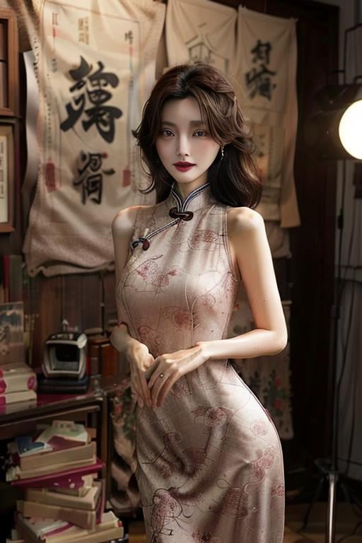 ((masterpiece)),((bestquality)),8k,high detailed,ultra-detailed,photography,award winning,documentary,Original Photo,extreme detail description,Realisticity,1girl,<lora:Zhi-Yan_V1-000006:1>,Zhi-Yan,cheongsam,(((solo))),slim,thin,adult,beautiful face,real skin texture,well-proportioned hands,thin eyebrow,random color lipstick,make up,eyeliner,eyelashes,random color nail polish,earrings,Giggling,([Flood lighting|Accent lighting|outer space view|Strobe lighting|Energy-efficient lighting]),([holding microphone|hands on hips|Parody|Drawing|playing games|Fleeing|Spilling|Tying|Hiding]),Looking At Mirror,<lora:add_detail:0.85>,