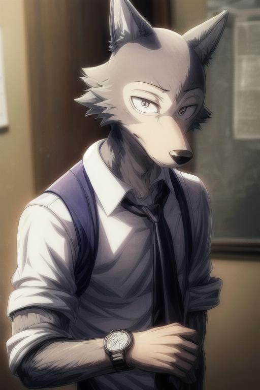 ((masterpiece)),((bestquality)),8k,high detailed,ultra-detailed, depth of field, wide angle,1boy, legoshi, <lora:Legoshi_Lora:1.1>,((gray_wolf_boy)),male focus, solo, handsome face,Stylish Pose, soft lighting,watch to the viewer, school uniform, yiff, ((cinematic shot)) <lora:add_detail:1>, <lora:weight_slider_v2:-1>