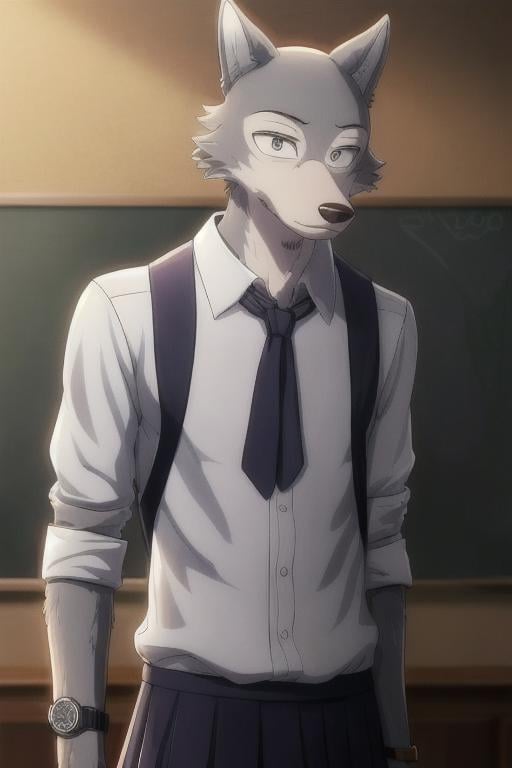 ((masterpiece)),((bestquality)),8k,high detailed,ultra-detailed, depth of field, wide angle,1boy, legoshi, <lora:Legoshi_Lora:1.1>,gray_wolf,male focus, solo, handsome face,Stylish Pose, soft lighting,watch to the viewer, school uniform, yiff, ((cinematic shot))