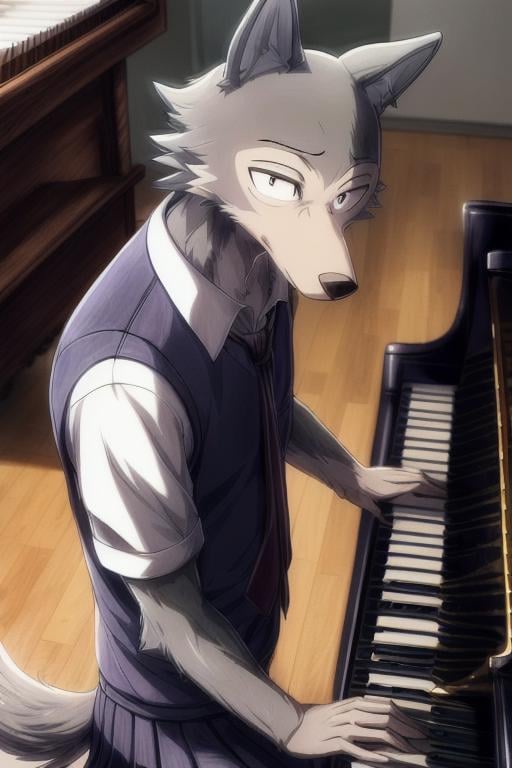 ((masterpiece)),((bestquality)),8k,high detailed,ultra-detailed, depth of field, wide angle,1boy, legoshi, <lora:Legoshi_Lora:1>,((gray_wolf_boy)),male focus, solo, handsome face,Stylish Pose, soft lighting, school uniform, yiff, ((cinematic shot)) <lora:add_detail:1>, <lora:weight_slider_v2:-0.5>,((((Playing the piano)))),