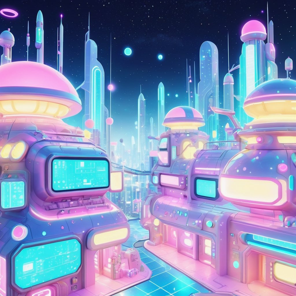 kawaiitech aesthetics,  scifi kawaiitech city,  at night,  glowing parts,  from a scifi futuristic kawaiitech world,  cute pastel colors and symbols,  glowing parts,  ((best quality)),  ((masterpiece)),  ((realistic,  digital art)),  (hyper detailed),  raytracing,  volumetric lighting,  Backlit,  Rim Lighting,  HDR,  styled form, <lora:EMS-72390-EMS:1.000000>