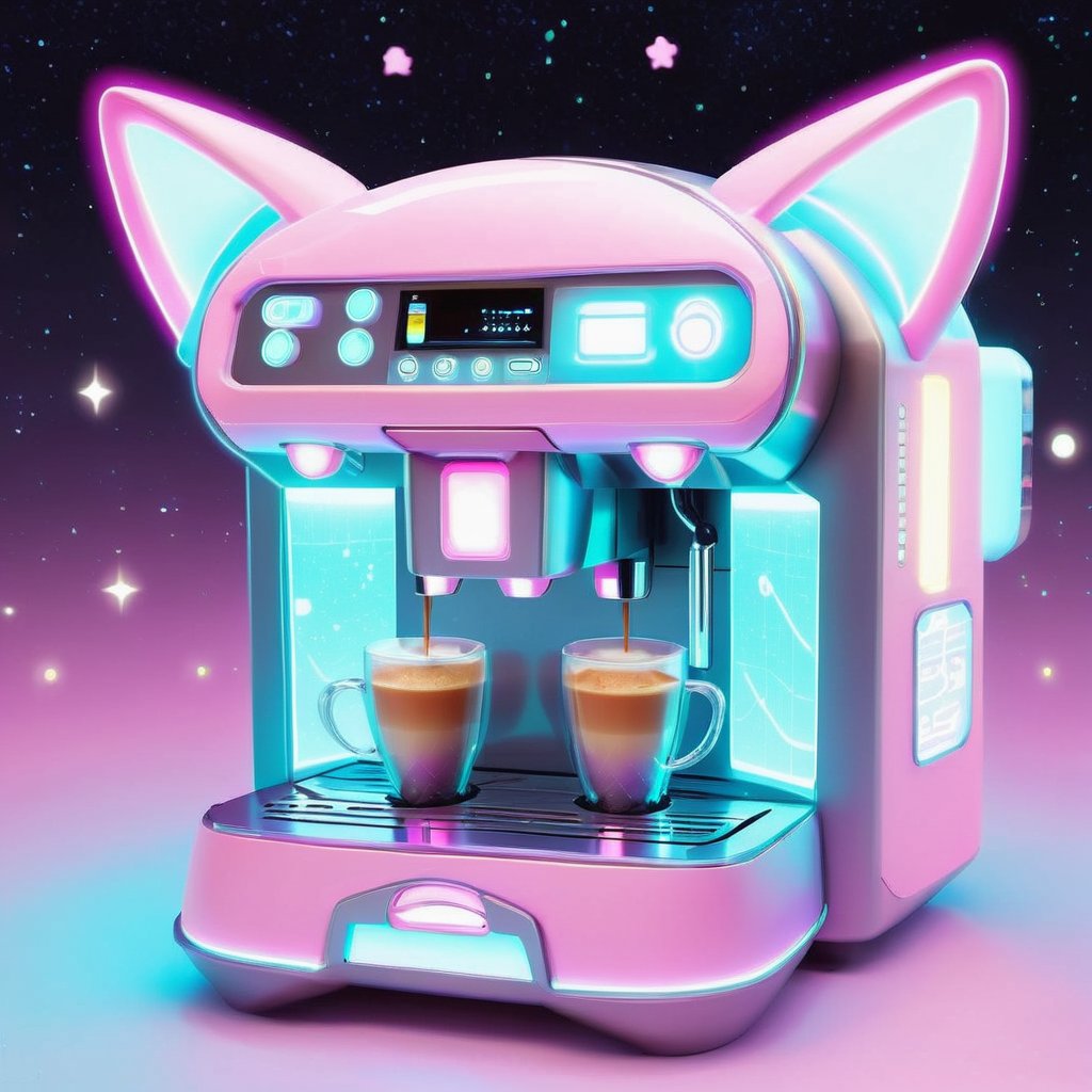 kawaiitech aesthetics,  scifi kawaiitech coffee machine,  cat ears,  at night,  glowing parts,  from a scifi futuristic kawaiitech world,  cute pastel colors and symbols,  glowing parts,  ((best quality)),  ((masterpiece)),  ((realistic,  digital art)),  (hyper detailed),  raytracing,  volumetric lighting,  Backlit,  Rim Lighting,  HDR,  styled form, <lora:EMS-72390-EMS:1.000000>