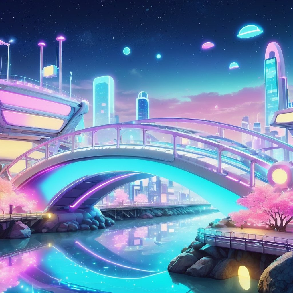 kawaiitech aesthetics,  scifi kawaiitech city bridge over a river,  at night,  glowing parts,  from a scifi futuristic kawaiitech world,  cute pastel colors and symbols,  glowing parts,  ((best quality)),  ((masterpiece)),  ((realistic,  digital art)),  (hyper detailed),  raytracing,  volumetric lighting,  Backlit,  Rim Lighting,  HDR,  styled form, <lora:EMS-72390-EMS:1.000000>