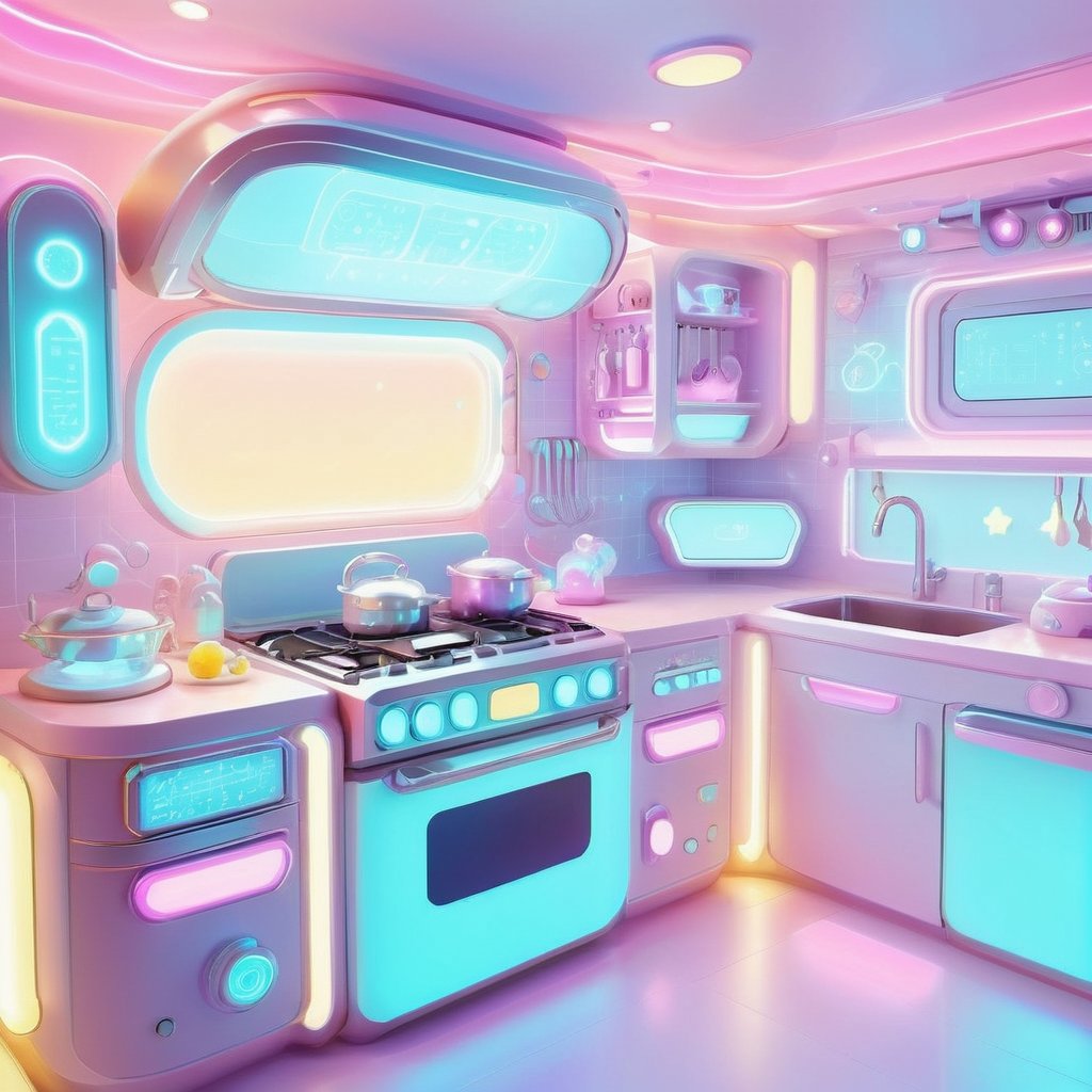 kawaiitech aesthetics,  scifi kawaiitech kitchen,  glowing parts,  from a scifi futuristic kawaiitech world,  cute pastel colors and symbols,  glowing parts,  ((best quality)),  ((masterpiece)),  ((realistic,  digital art)),  (hyper detailed),  raytracing,  volumetric lighting,  Backlit,  Rim Lighting,  HDR,  styled form, <lora:EMS-72390-EMS:1.000000>