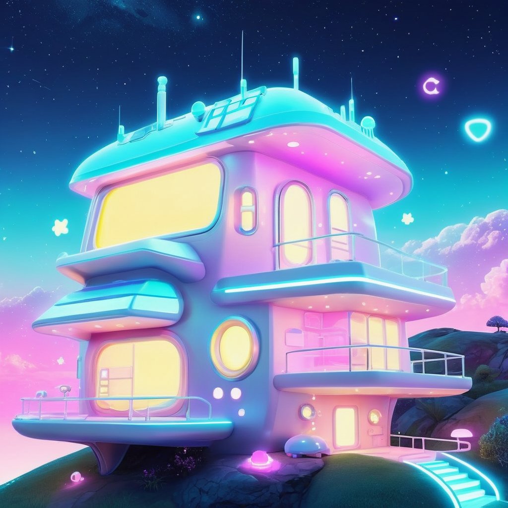 kawaiitech aesthetics,  scifi kawaiitech house on hill,  at night,  glowing parts,  from a scifi futuristic kawaiitech world,  cute pastel colors and symbols,  glowing parts,  ((best quality)),  ((masterpiece)),  ((realistic,  digital art)),  (hyper detailed),  raytracing,  volumetric lighting,  Backlit,  Rim Lighting,  HDR,  styled form, <lora:EMS-72390-EMS:1.000000>