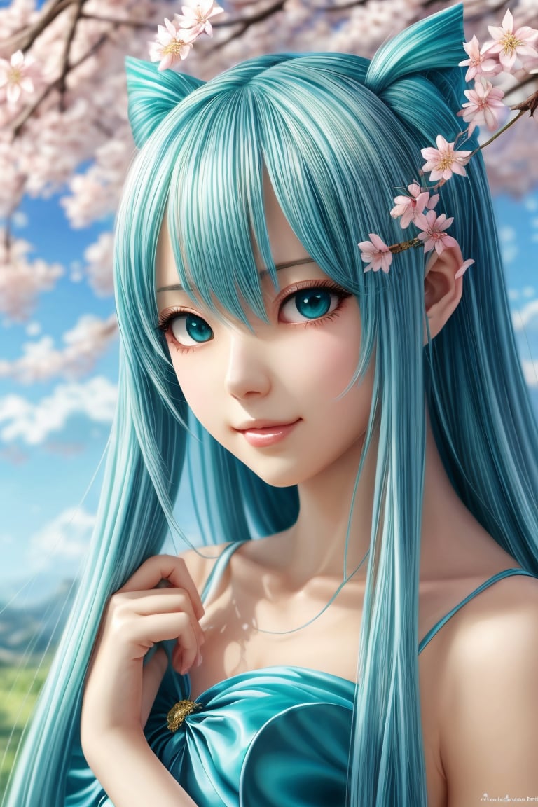 a close up of pastel Hatsune Miku with pale silver and blue highlights gradient long hair wearing a teal dress, a beautiful fantasy empress, palace , a girl in pastel silver hanfu, ((a beautiful fantasy empress)), silver anime goddess, beautiful fantasy anime, beautiful character painting, beautiful alluring anime woman, beautiful anime woman, beautiful anime girl, anime art wallpaper 4 k, ”beautiful anime woman, anime art wallpaper 4k, Menphina from FFXIV surrounded by pink cherry blossoms Sakura
,add detail