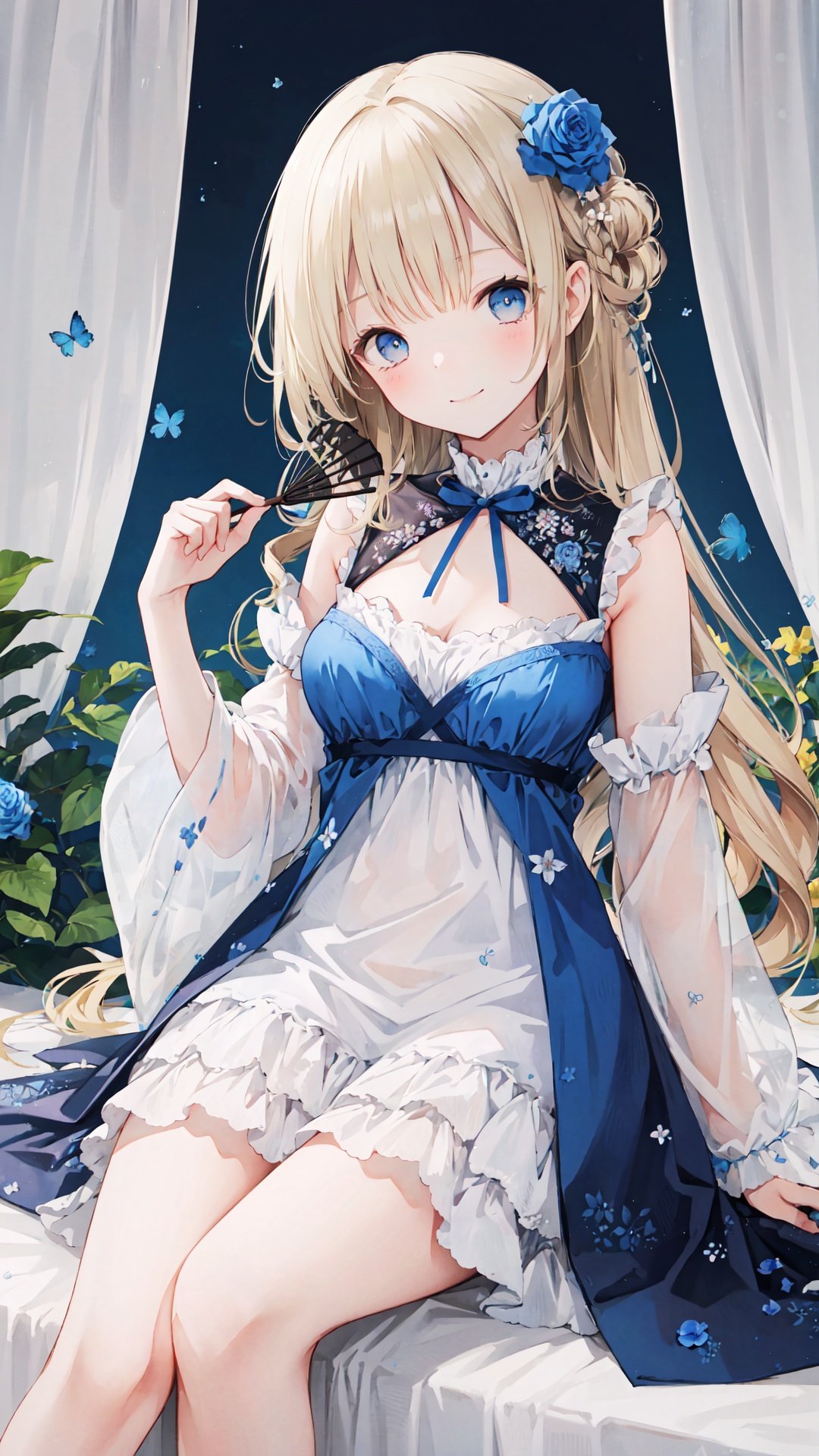 1girl, blonde hair, solo, flower, hair flower, hair ornament, long hair, dress, blue eyes, smile, sitting, blue flower, looking at viewer, white dress, rose, bangs, hand fan, breasts, closed mouth, blue rose, bare shoulders, medium breasts, crown, head tilt, very long hair, folding fan, curtains, sleeveless, wide sleeves