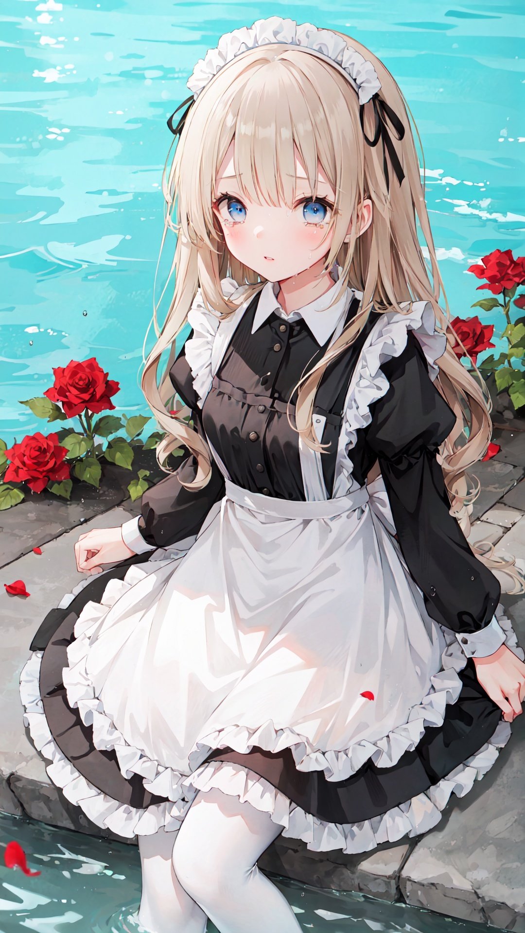 1girl, solo, long hair, maid, blonde hair, apron, pantyhose, looking at viewer, flower, dress, maid headdress, black pantyhose, maid apron, red flower, rose, sitting, long sleeves, frills, blush, bangs, water, black dress, red rose, white apron, petals, wet, twitter username, parted lips, blue eyes, frilled dress, tears