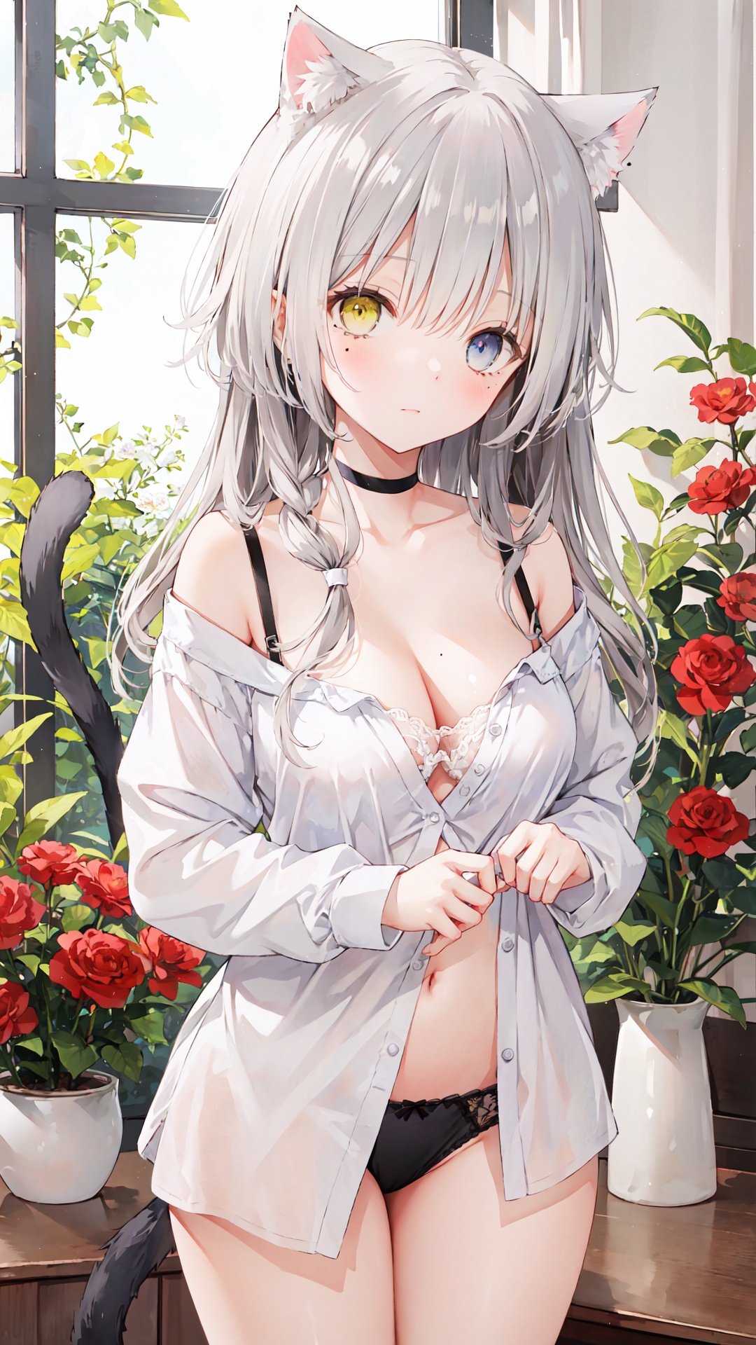 1girl, breasts, solo, animal ears, heterochromia, long hair, underwear, tail, cat tail, panties, cat ears, shirt, cat girl, cleavage, looking at viewer, large breasts, cowboy shot, white shirt, black panties, bare shoulders, off shoulder, standing, long sleeves, choker, blue eyes, collarbone, mole, yellow eyes, flower, slit pupils, no pants, red flower, vase, hair between eyes, mole under eye, closed mouth, dress shirt, rose, tail raised, animal ear fluff, string panties, bangs, thighs