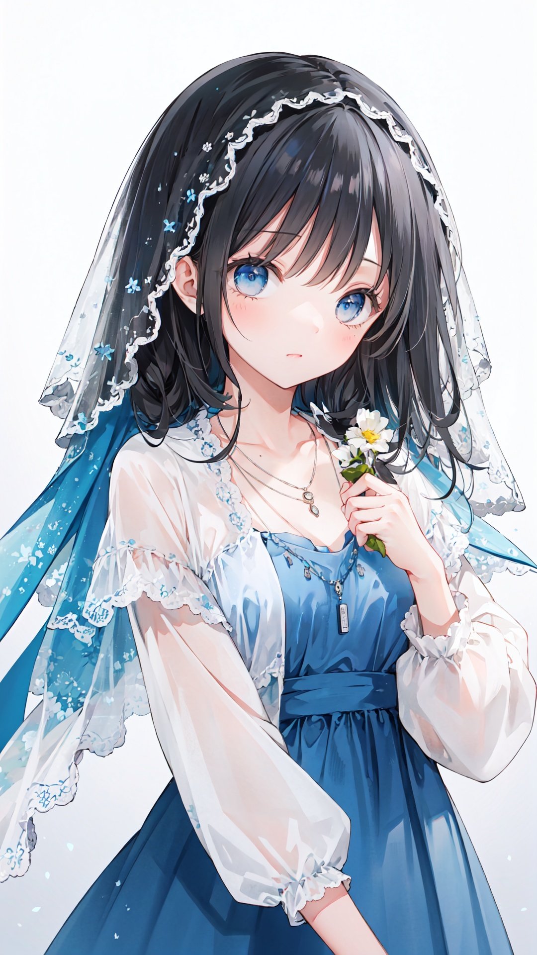 1girl, solo, veil, black hair, dress, blue eyes, blue dress, jewelry, upper body, long sleeves, necklace