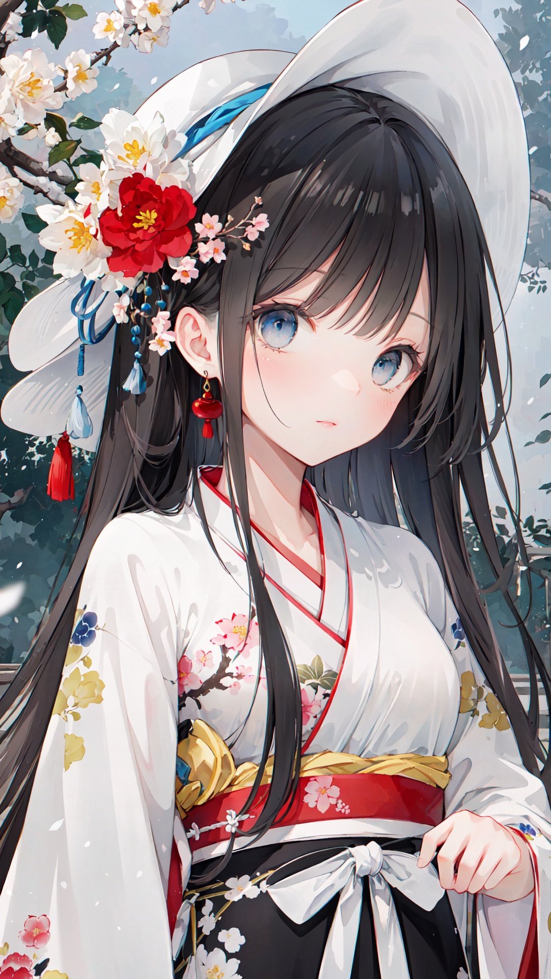 (ultra-detailed,illustration,Ink wash painting,beautiful light:1.0), ((masterpiece)),((best quality)),detailed face,beautiful detailed eyes,best quality,amazing,finely detail,depth of field,extremely detailed cg unity 8k wallpaper (chinese garden, plum blossom,snow,night:1.0) (hanfu,headwear, jewelry,hair_flower:1.2) (floating hair,black hair, blue eyes:1.1),